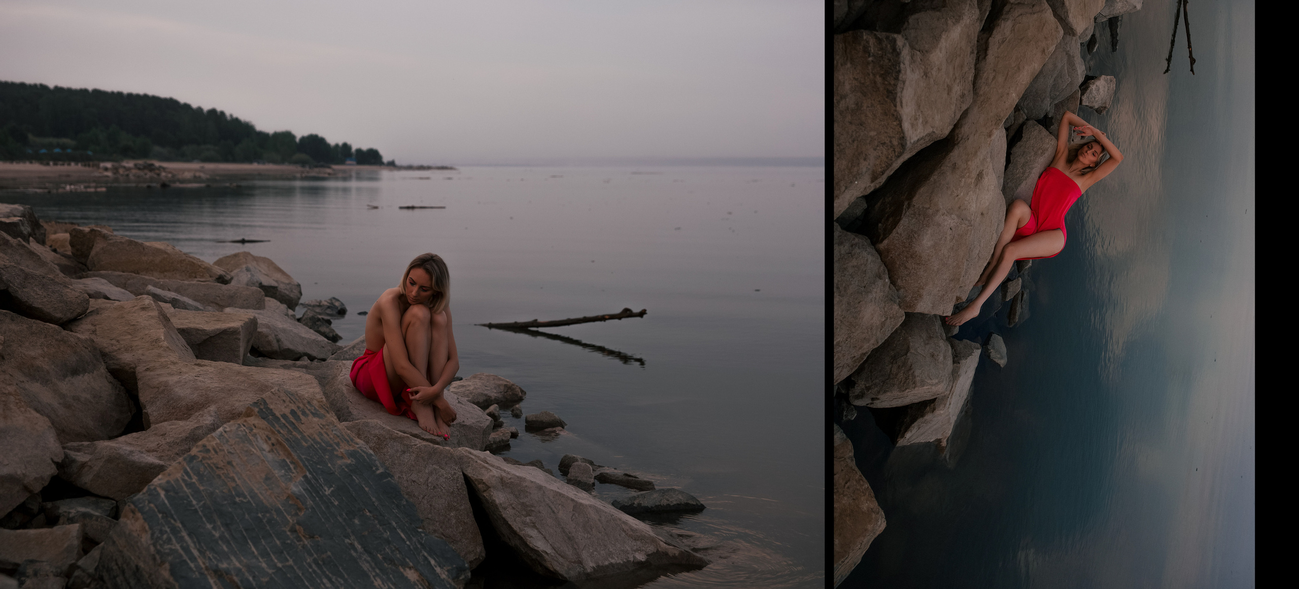 Девушка в розовом платье на побережье лежит на камнях.