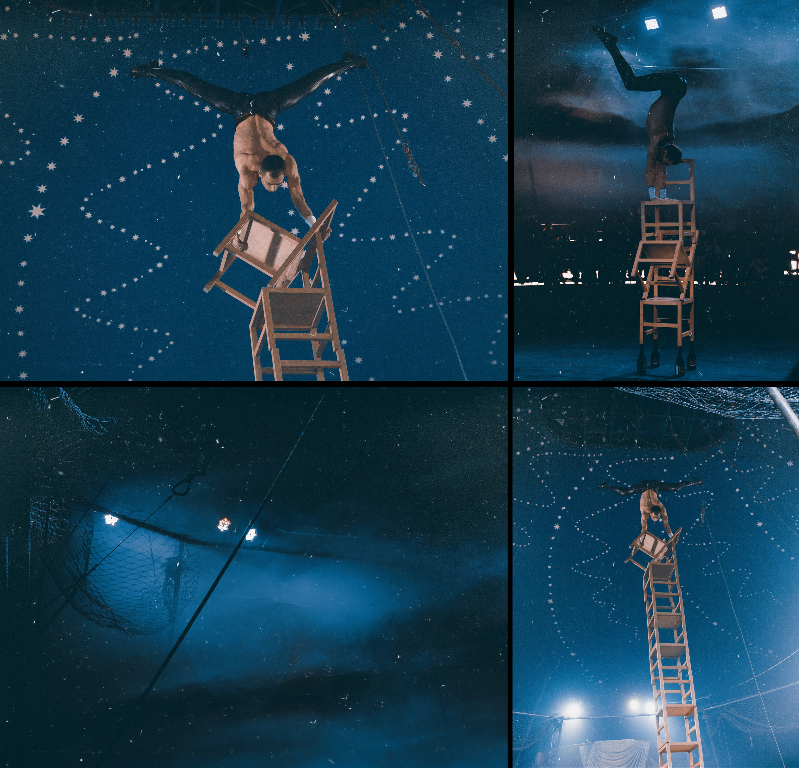 Воздушный гимнаст в цирке балансирует на стульях на высоте, цирковое представление.