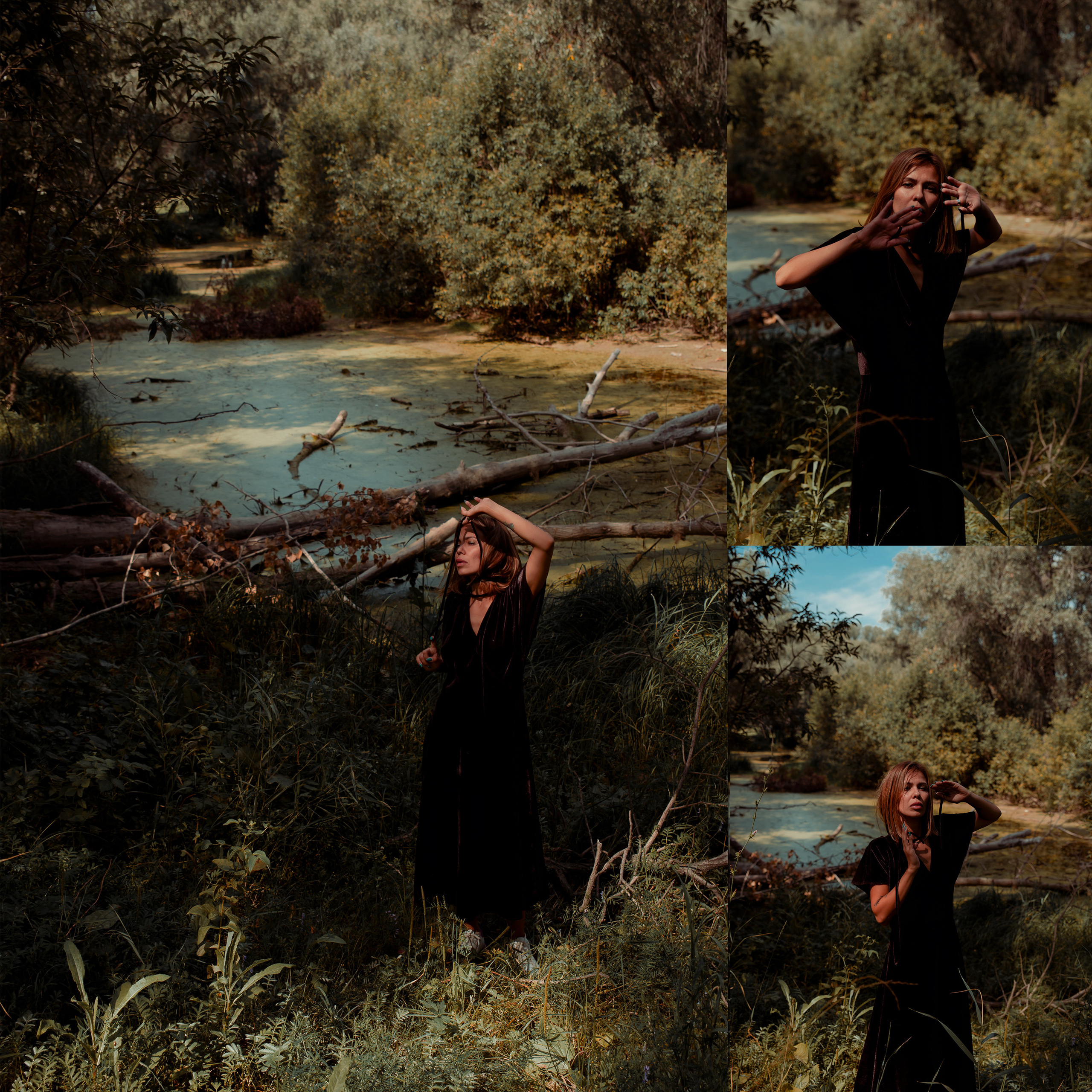 Женская летняя фотосессия в зелени на фоне пруда и деревьев.