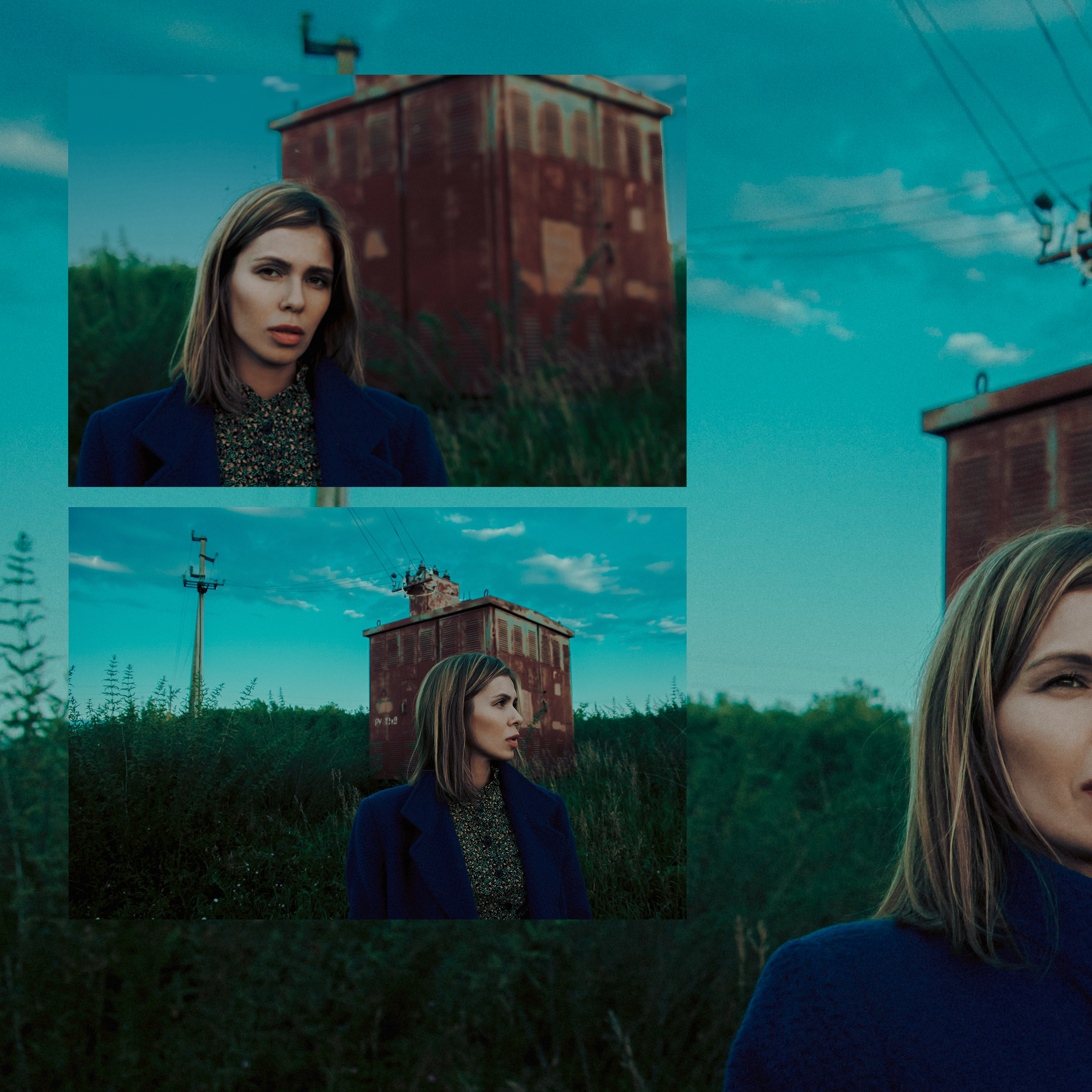 Девушка на фоне сине-зеленого неба в поле.