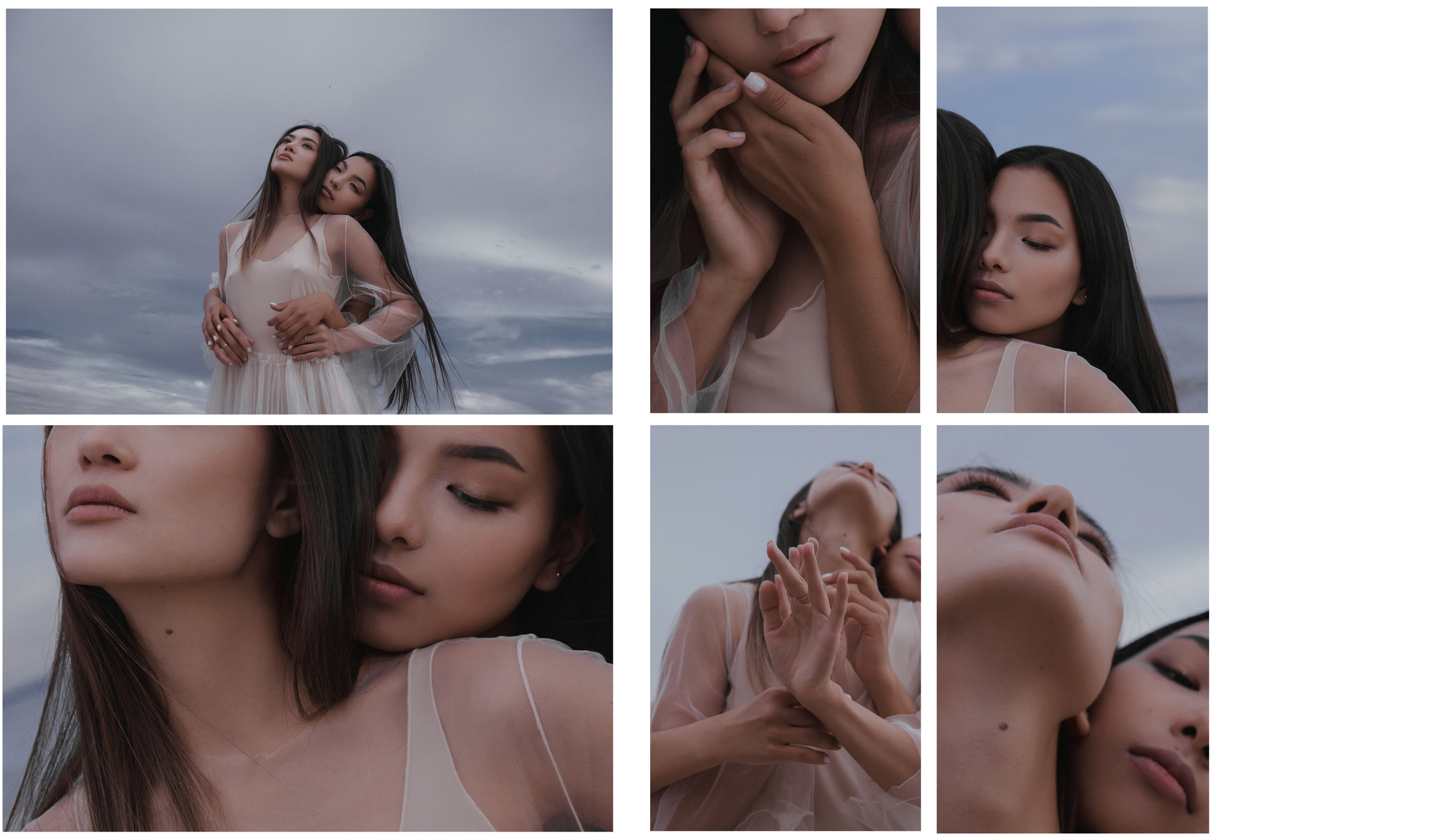 Две кореянки обнимают друг друга на фоне неба, крупный план рук, кожи, лица.