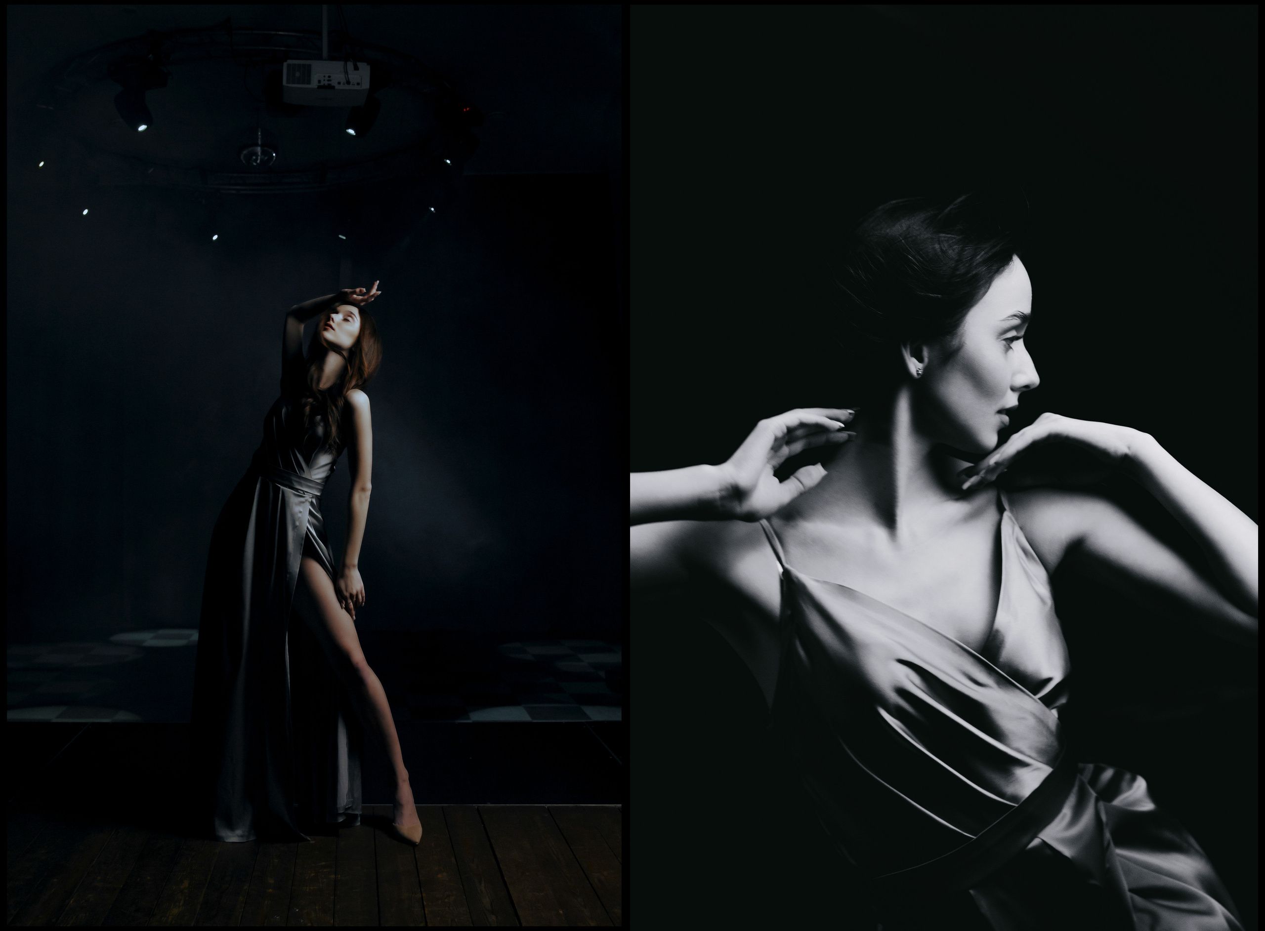 Девушка в атласном вечернем коктейльном платье стоит на сцене.