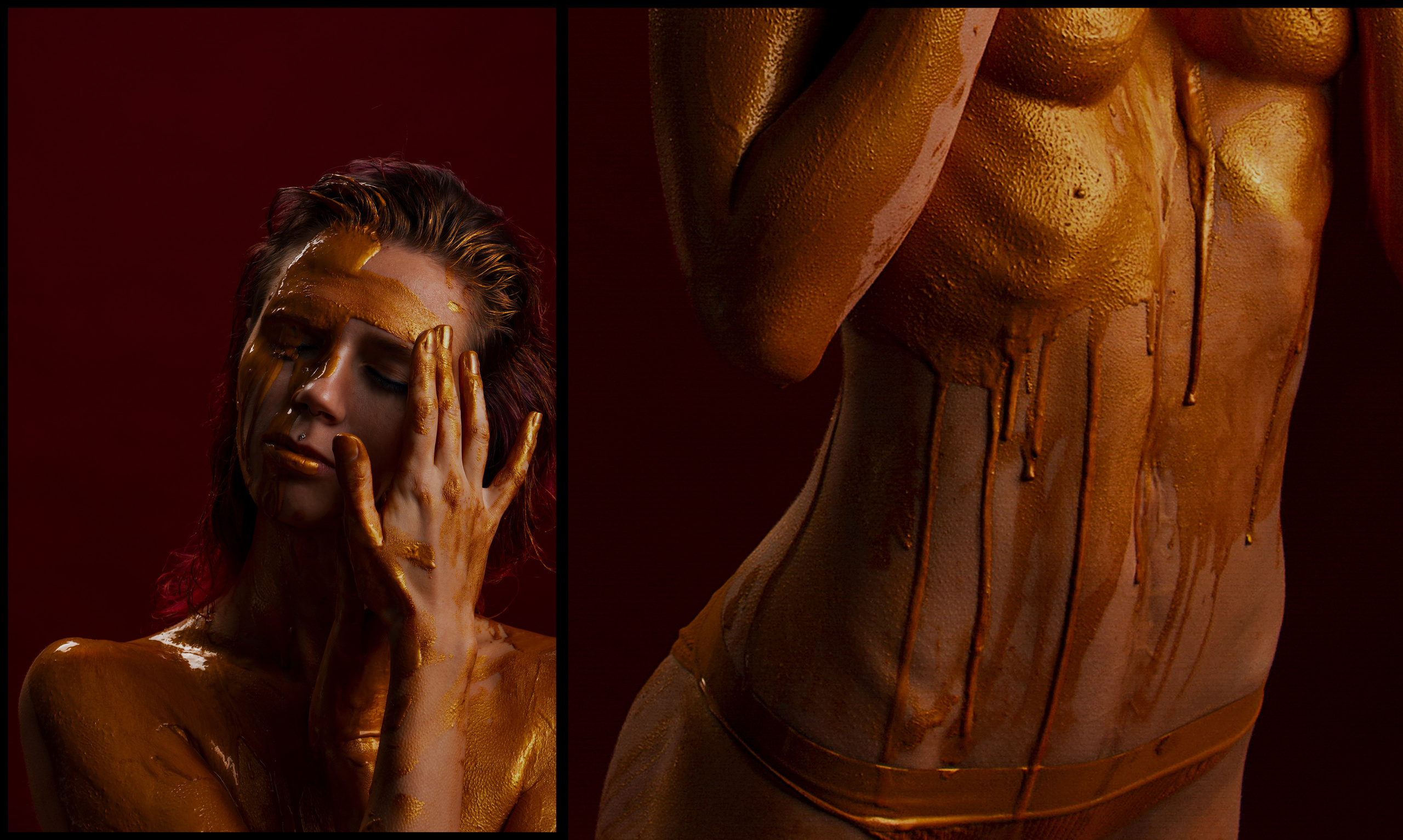 Девушка в золотой краске, мазки золота на лице и животе.