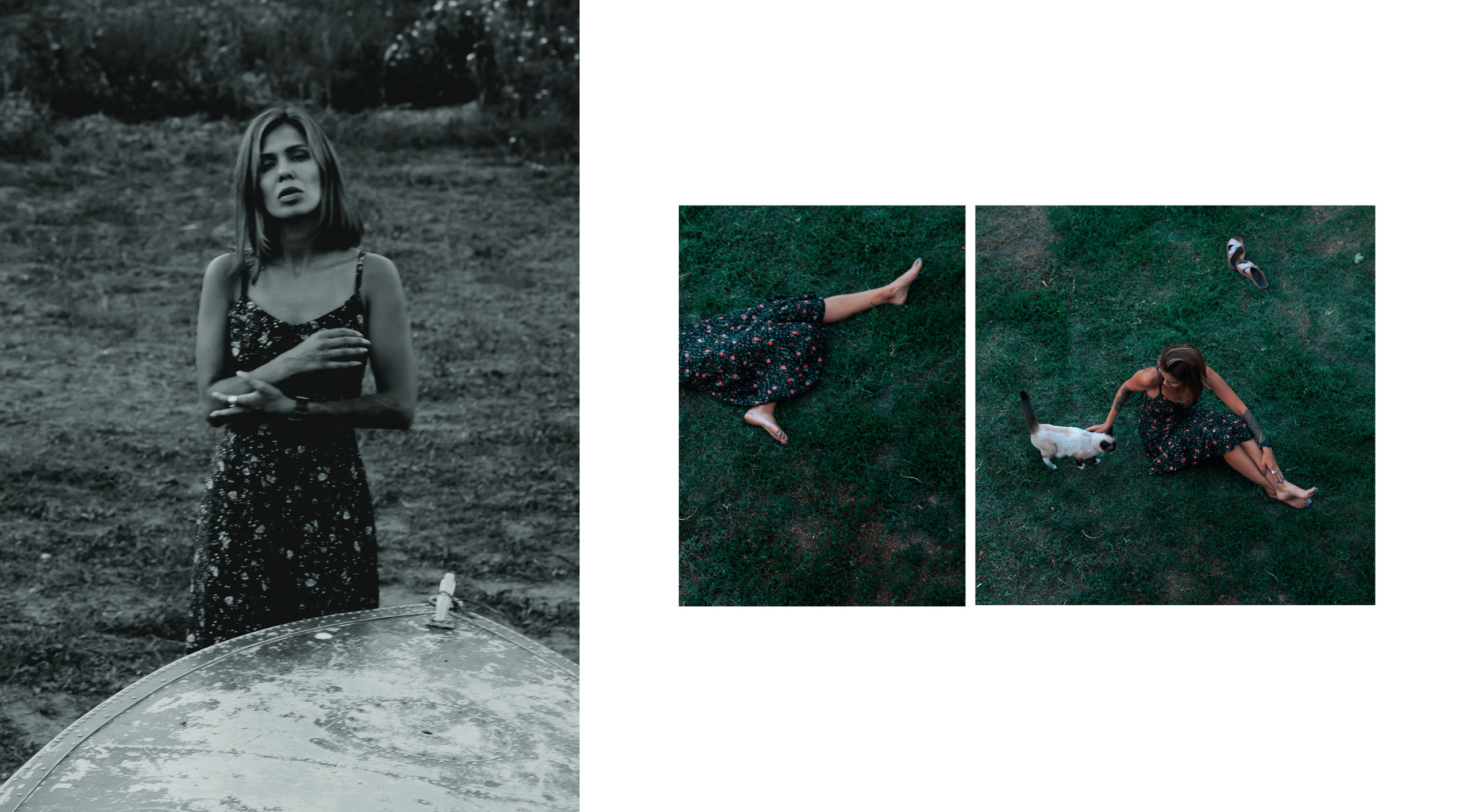 Девушка в сарафане у лодки, девушка в платье играет с котенком.