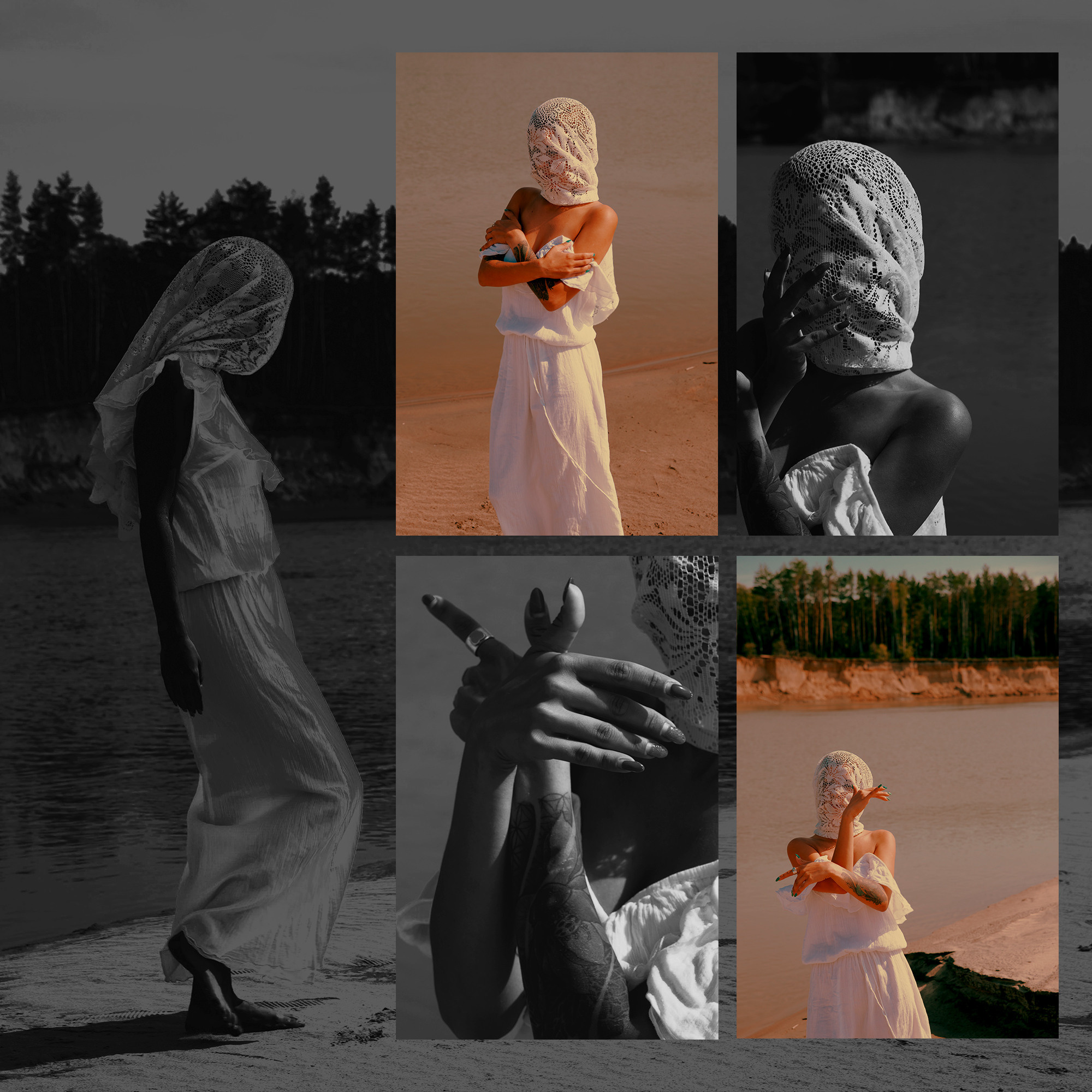 Концептуальные фото девушки в белом платье и с кружевом на лице.