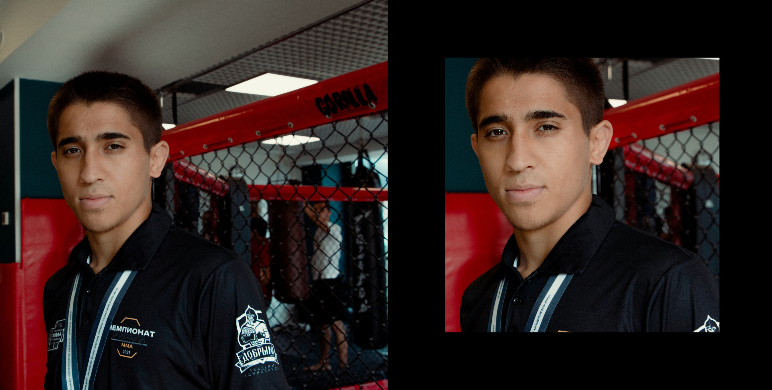 Спортсмен чемпион Зафар стоит у октагона в своем спортивном клубе.