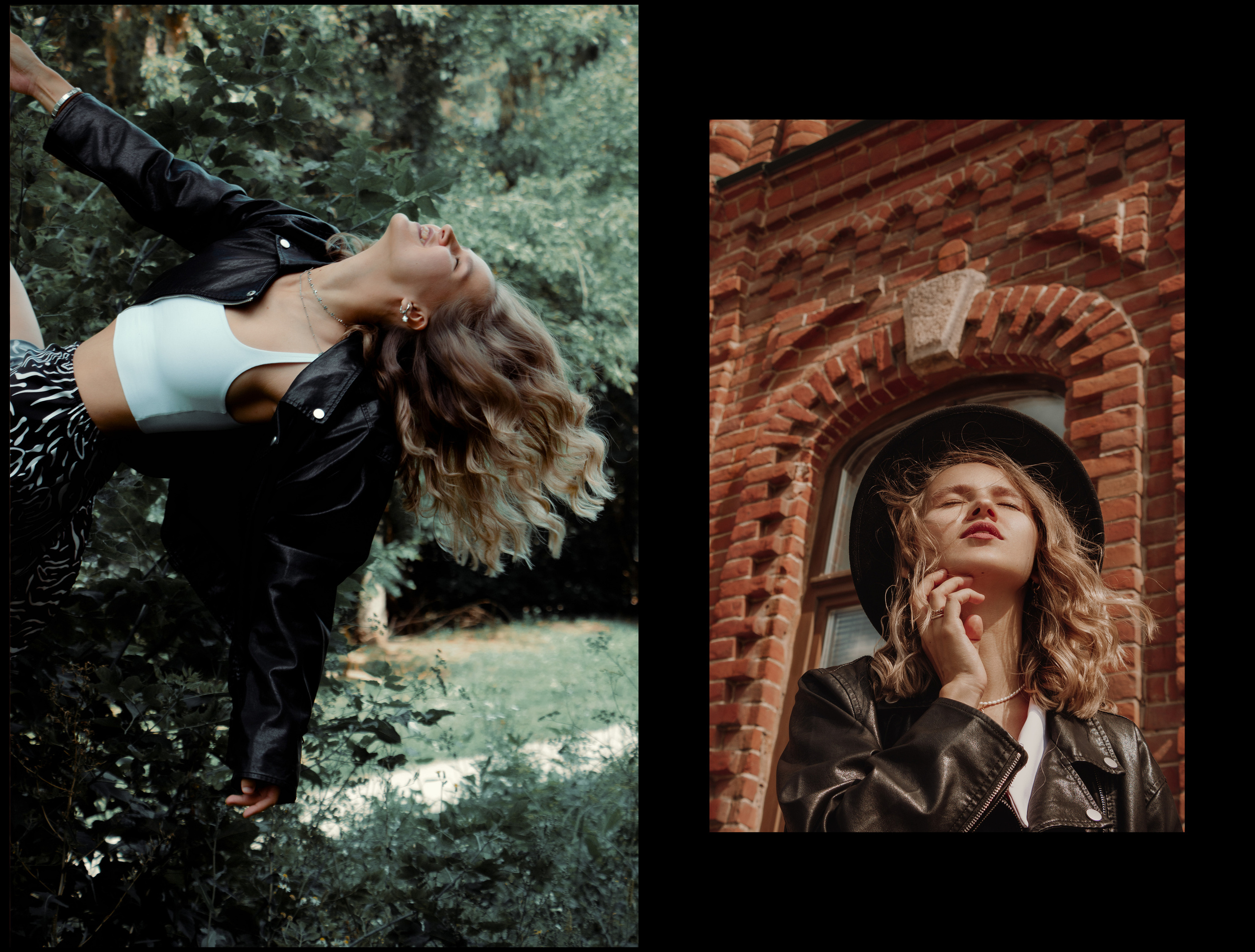 Кудрявая девушка в шляпе, в кожаной куртке и белом топе качается на качелях на фоне кирпичной арки и архитектуры.