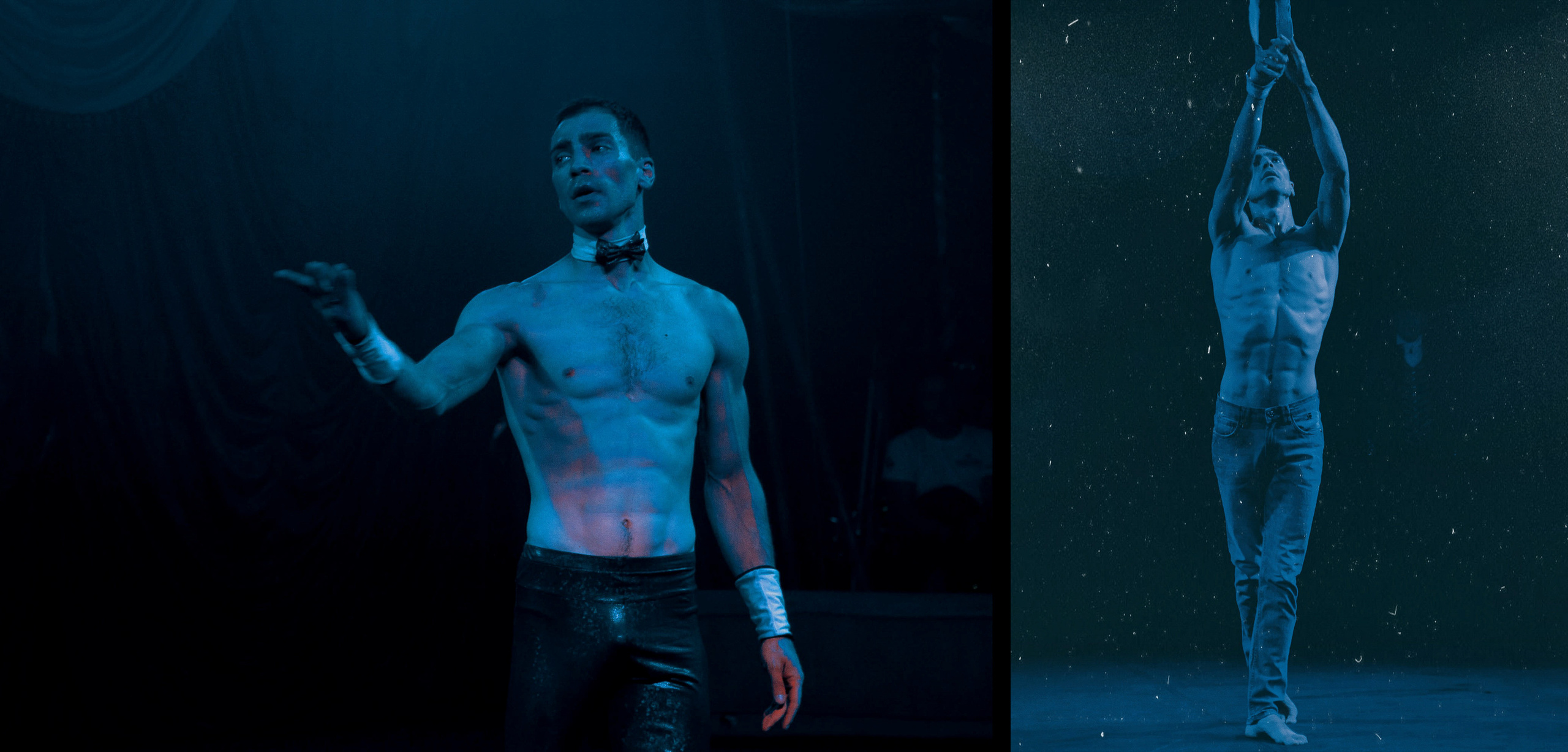 Воздушный гимнаст выступает в цирке.