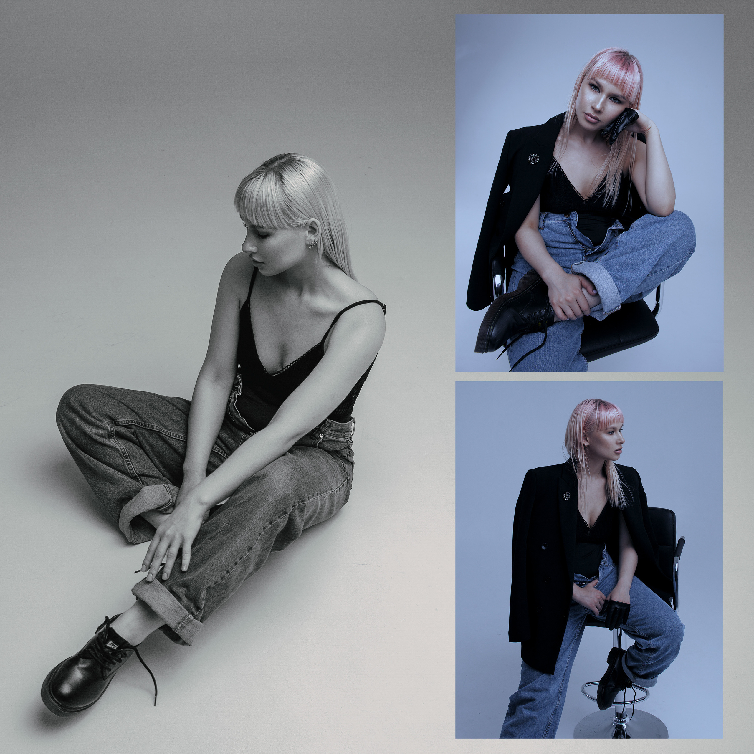 Строгие минималистичные фото девушки в джинсах и пиджаке с брошью в циклораме.