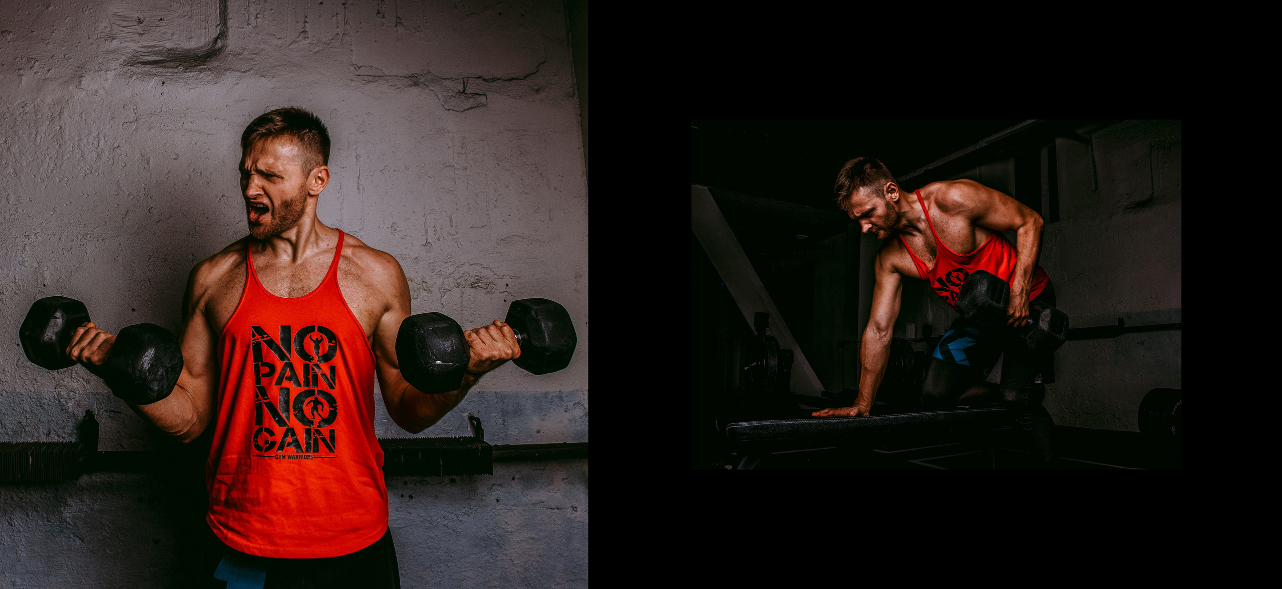 Накаченный парень в красной майке поднимает гантели и кричит.