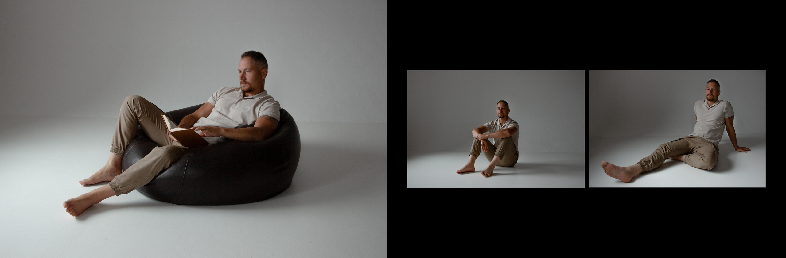 Мужчина в светлой одежде сидит на кресле-мешке в комнате с белыми стенами и читает книгу.