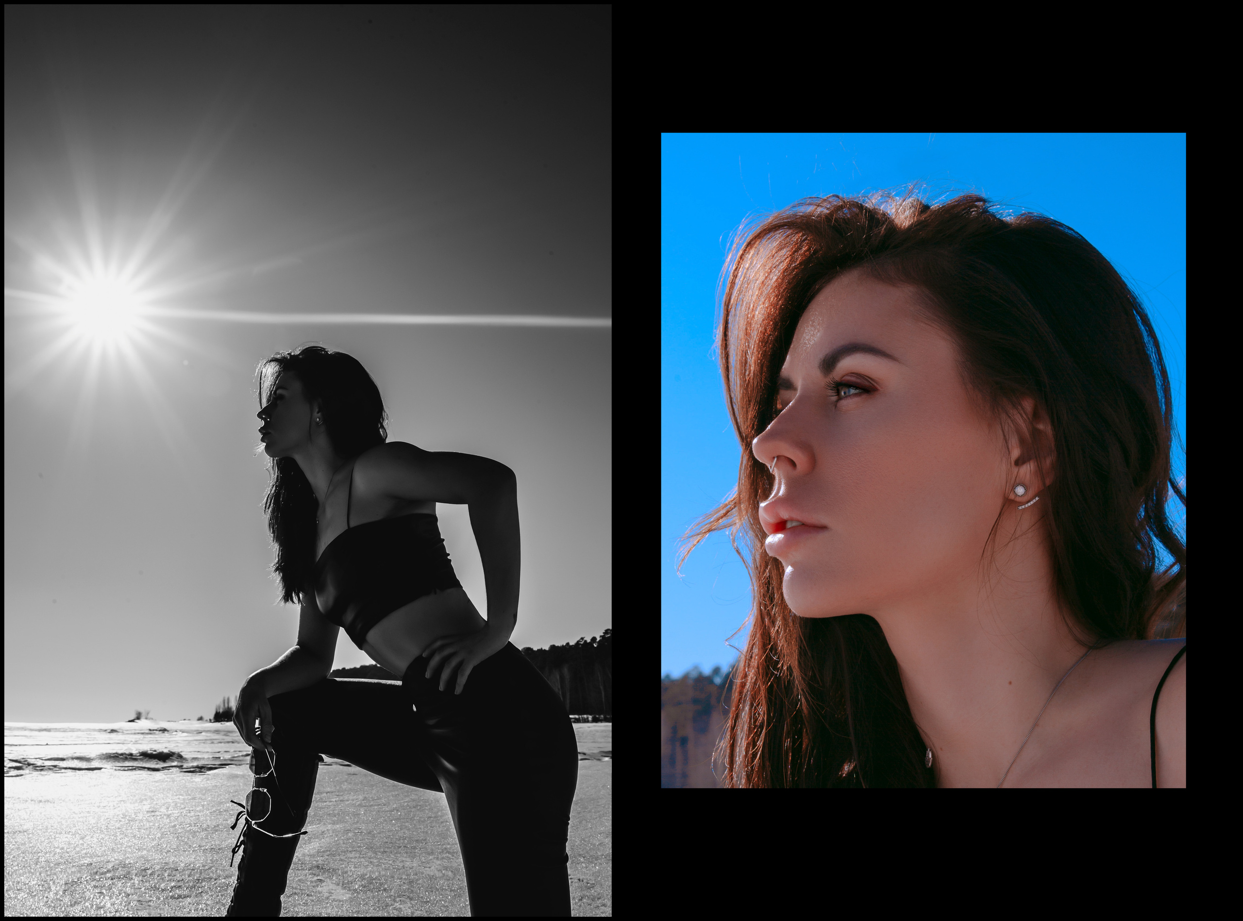 Черно-белое фото супергероя на фоне солнца, крупный  женский портрет в солнечный день