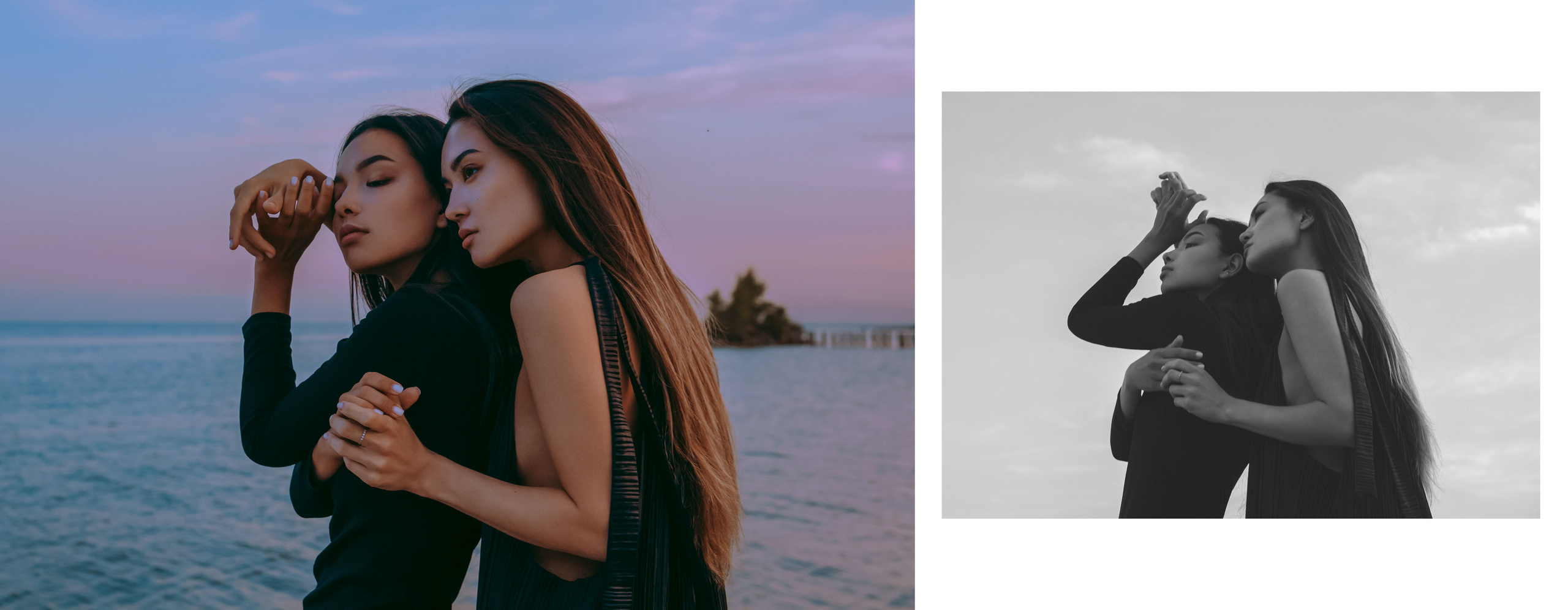 Две девушки азиатской внешности стоят обнявшись на рассвете у моря.
