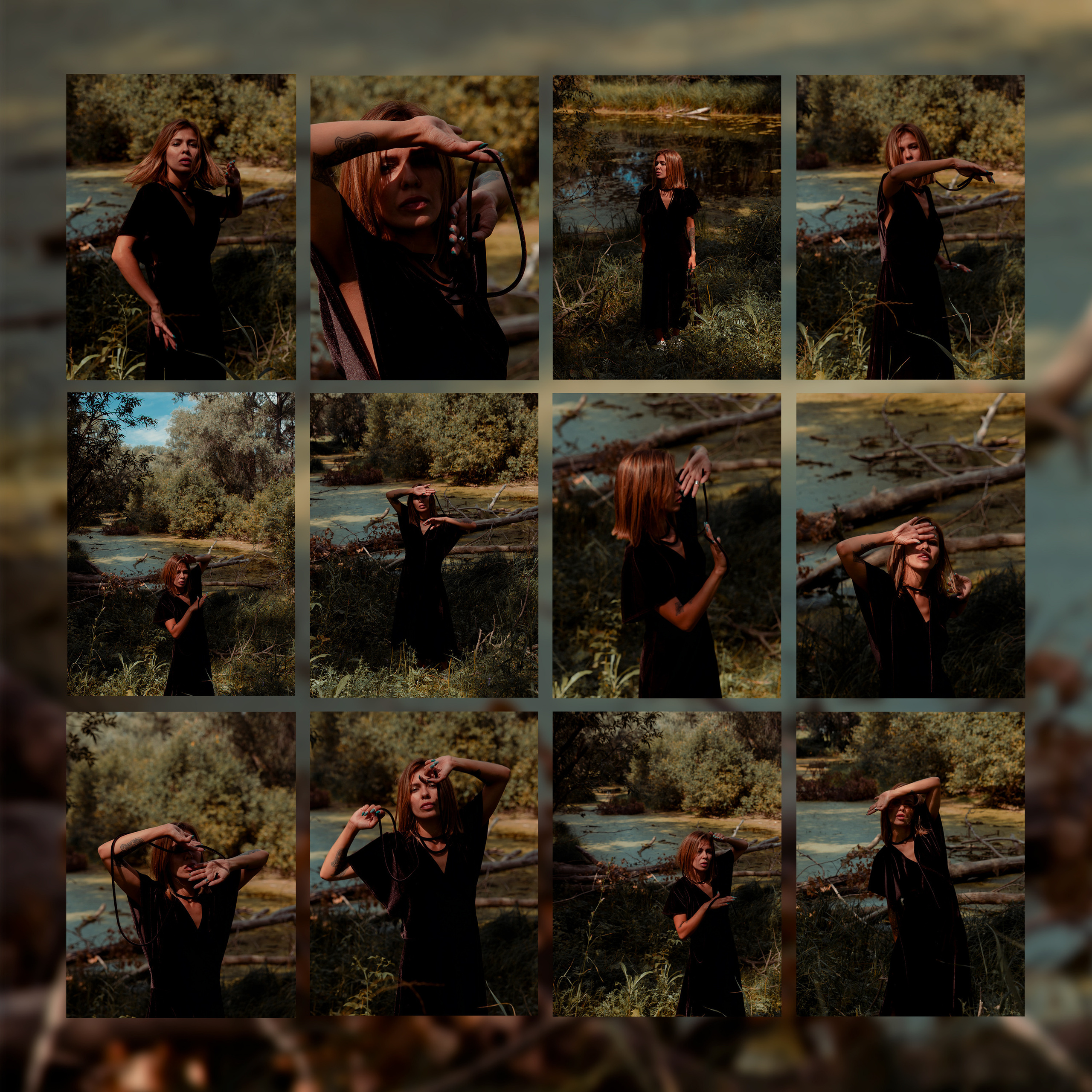 Женская летняя фотосессия в зелени на фоне пруда и деревьев.