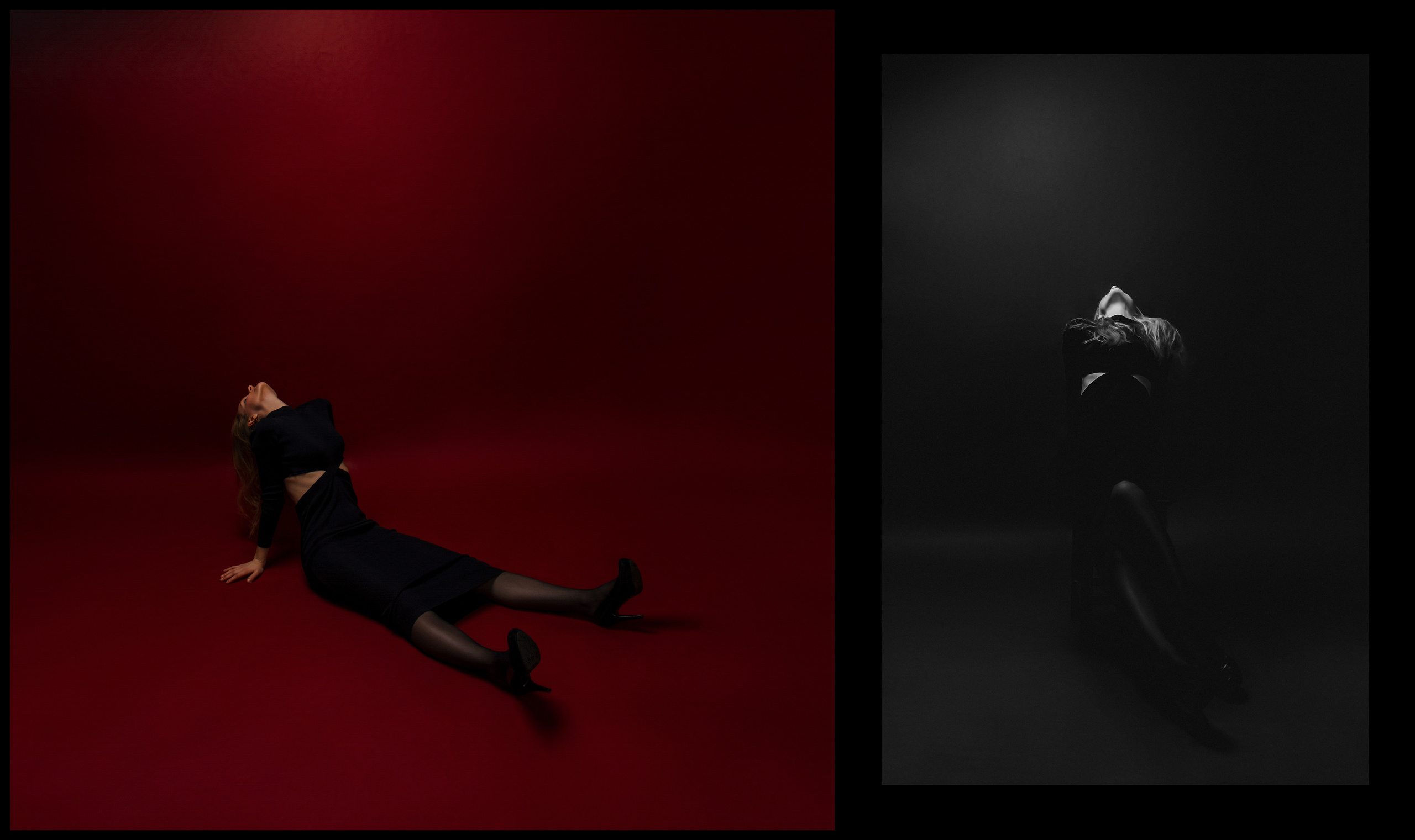 Девушка в черном платье сидит на полу, запрокинув голову в красной комнате.