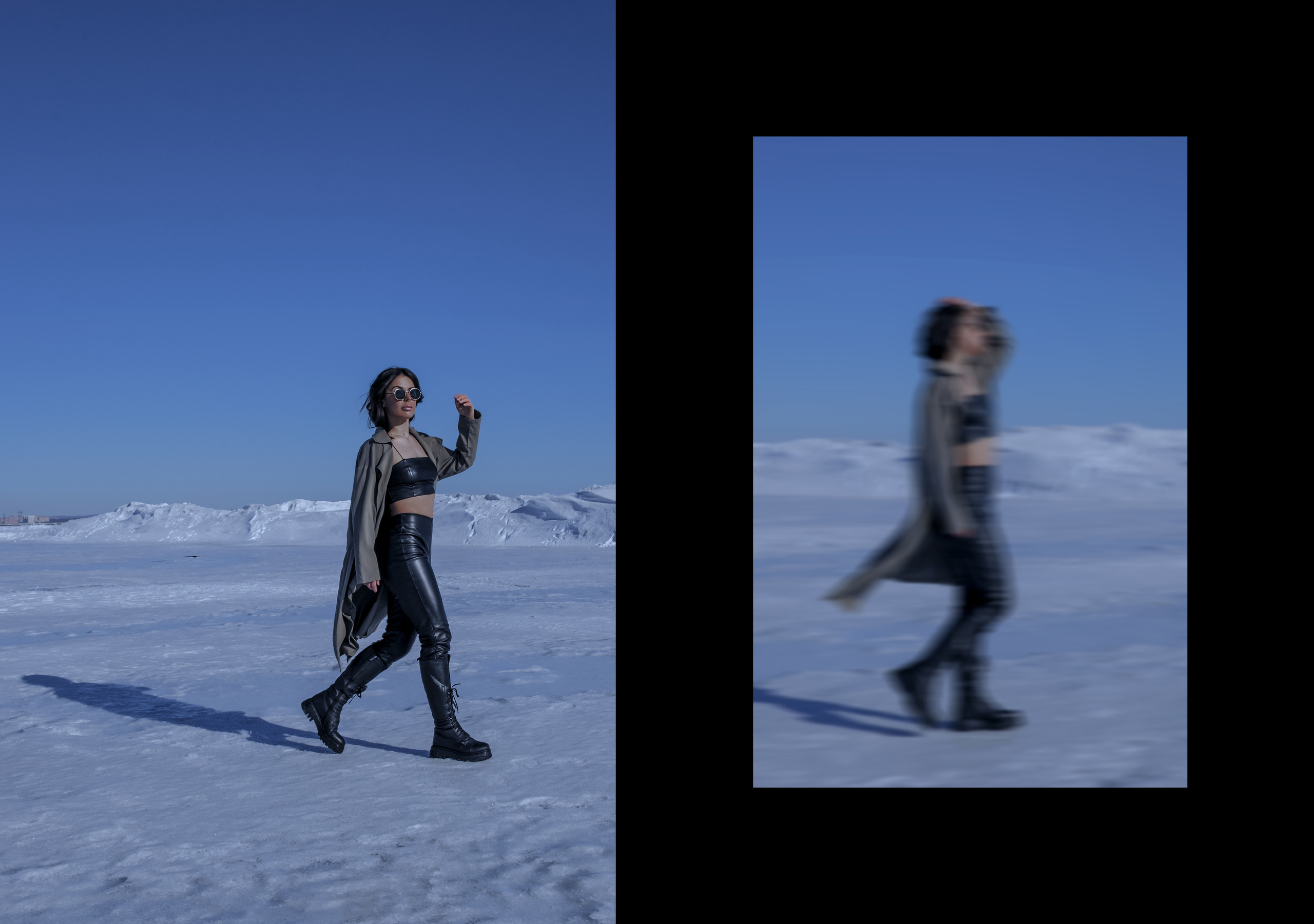 Девушка в плаще, кожаной одежде и черных очках на улице, фото в движении.