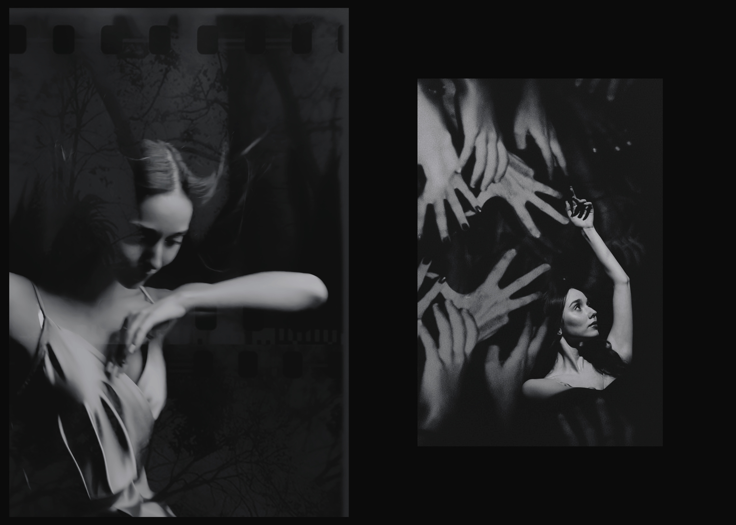 Девушка и много рук, черно-белая фотография рук.