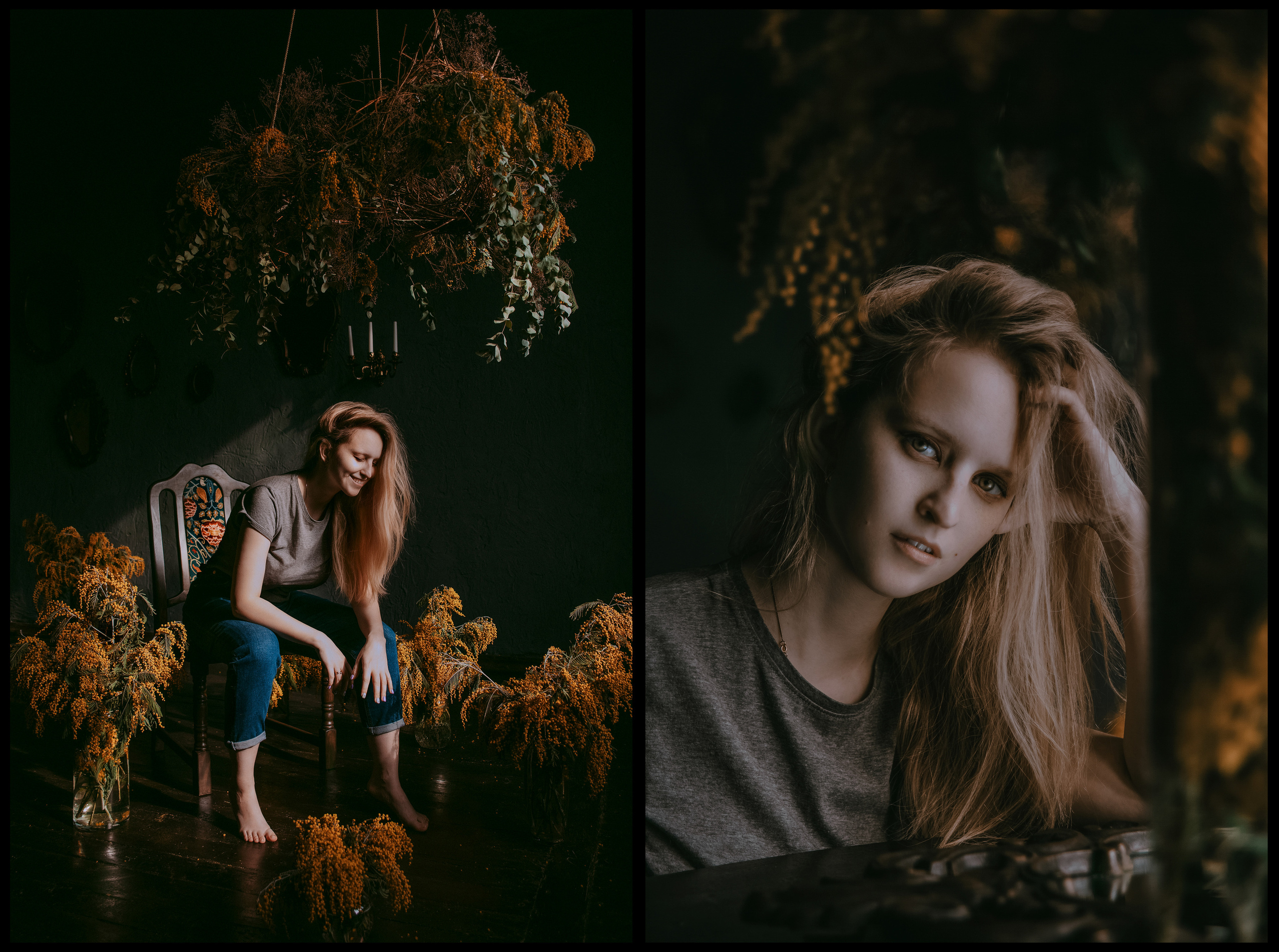 Девушка с цветами и сухоцветами на фоне цветов 8 марта.