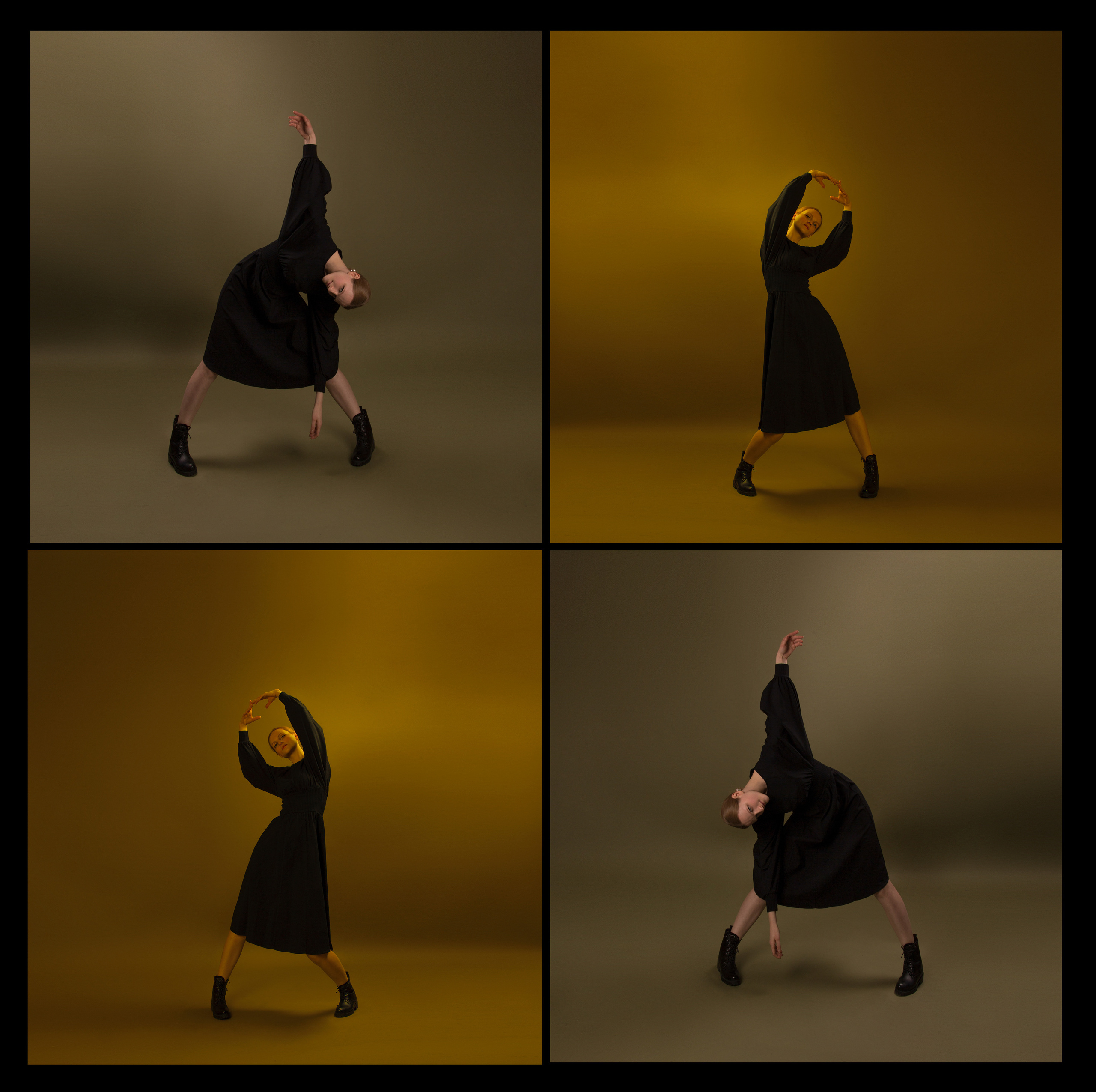 Девушка танцует балет с поднятыми руками, как кукла марионетка в черном платье.