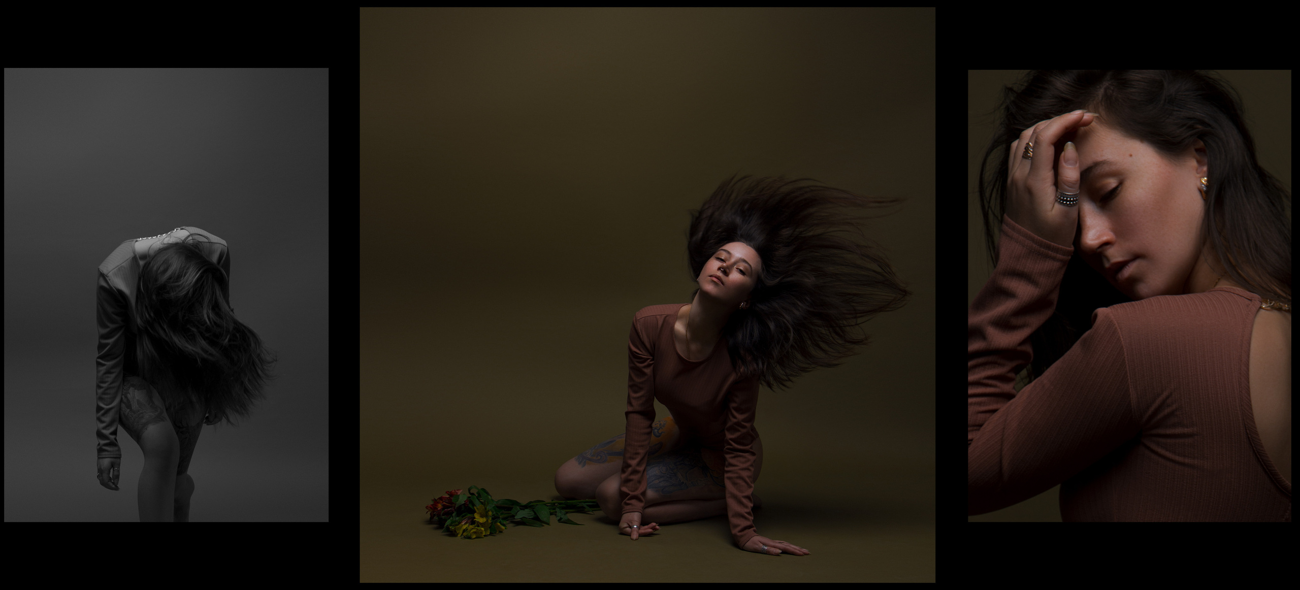 Девушка в кремовом бежевом боди в студии на зеленом фоне.