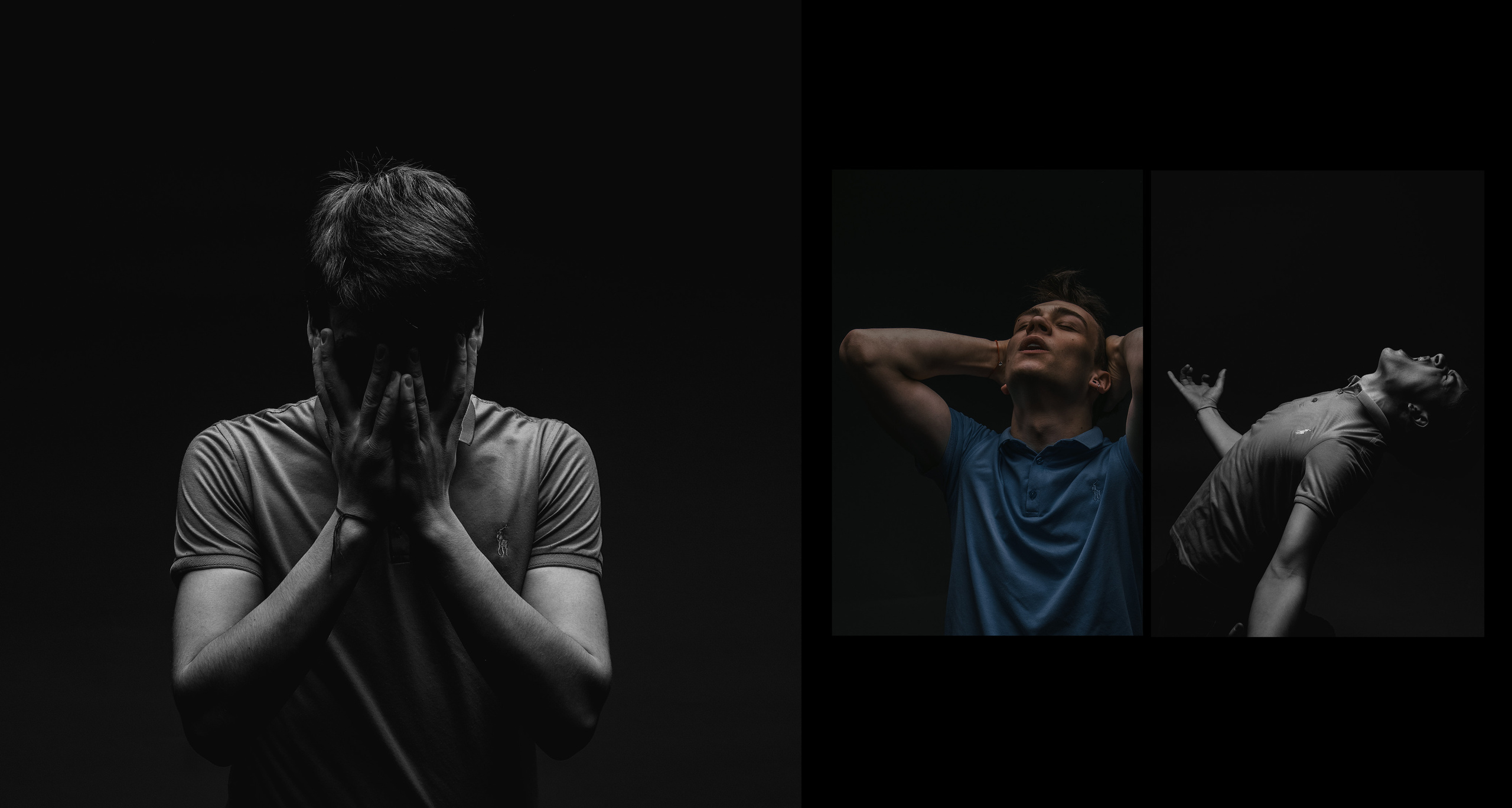 Молодой парень в голубой футболке смотрит вверх и держится за голову.