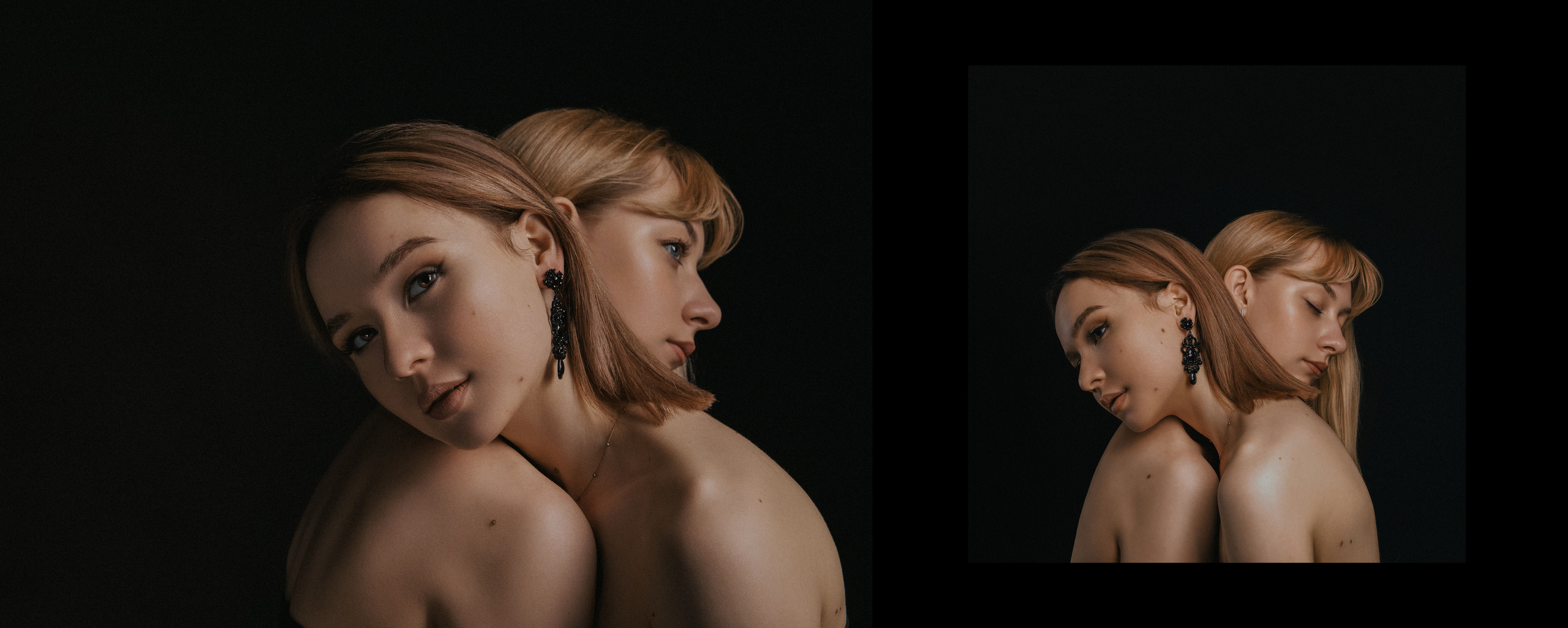 Крупноплановый портрет двух светловолосых девушек с обнаженными плечами.