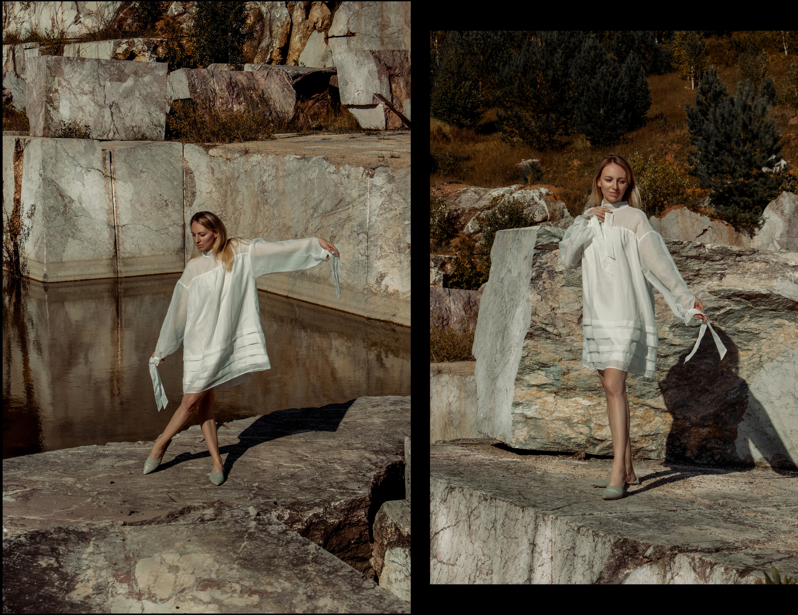 Высокая девушка со светлыми волосами в белом платье в Мраморном карьере на фоне камней.