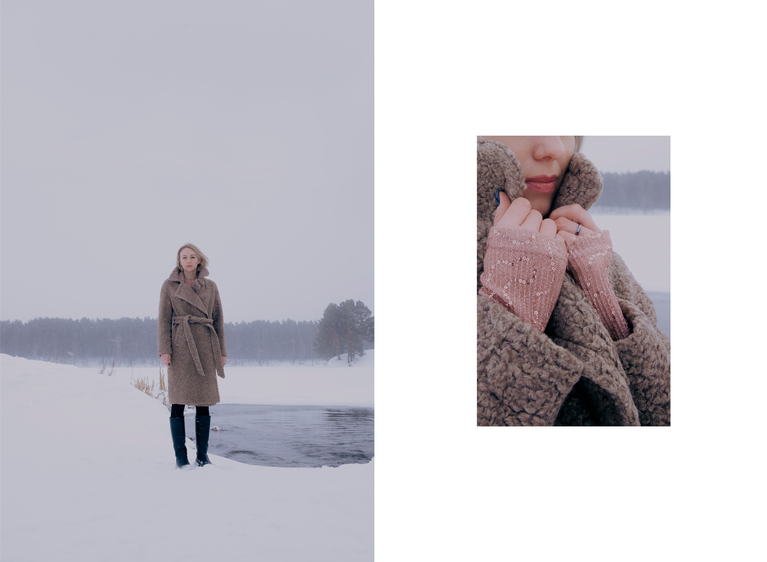 Зимнее фото девушки в плюшевой коричневой шубе из эко-меха на фоне снежного поля в туман.