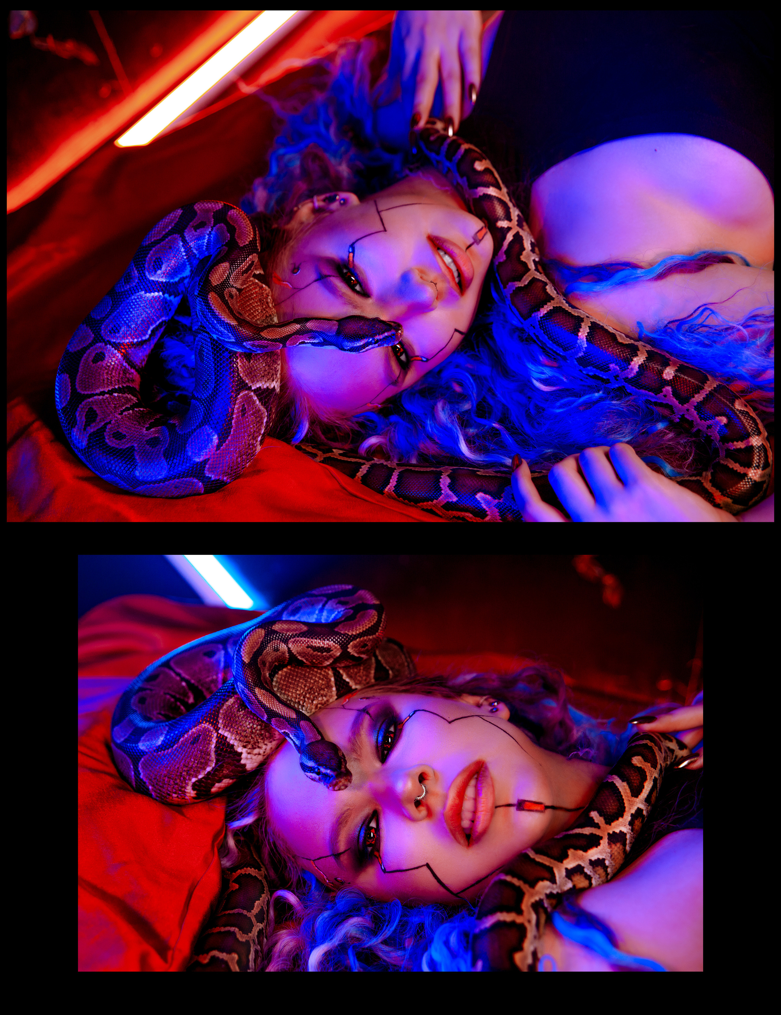 Девушка со змеей с цветным светом.