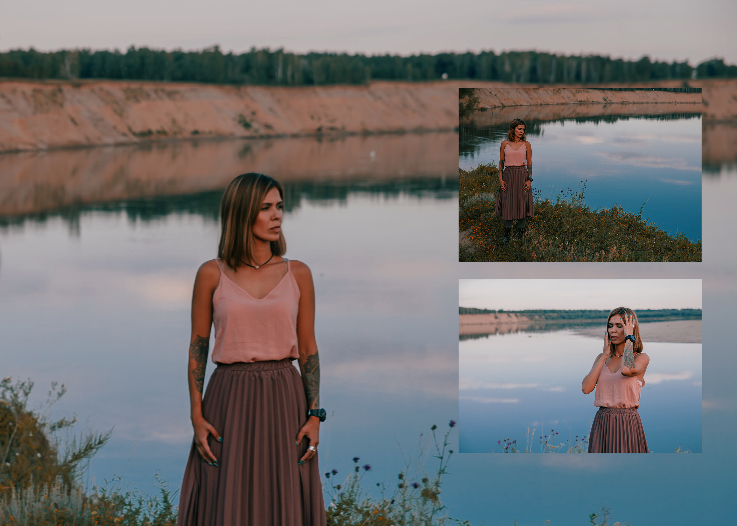 Девушка в розовой майке и плиссированной юбке смотрит в сторону на фоне озера и песчаного обрыва.