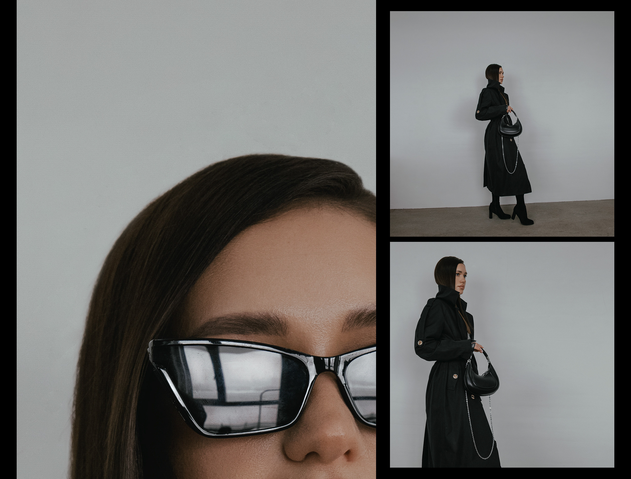 Девушка в черных очках  и черном плаще в белой комнате, фотосъемка для Wildberries.