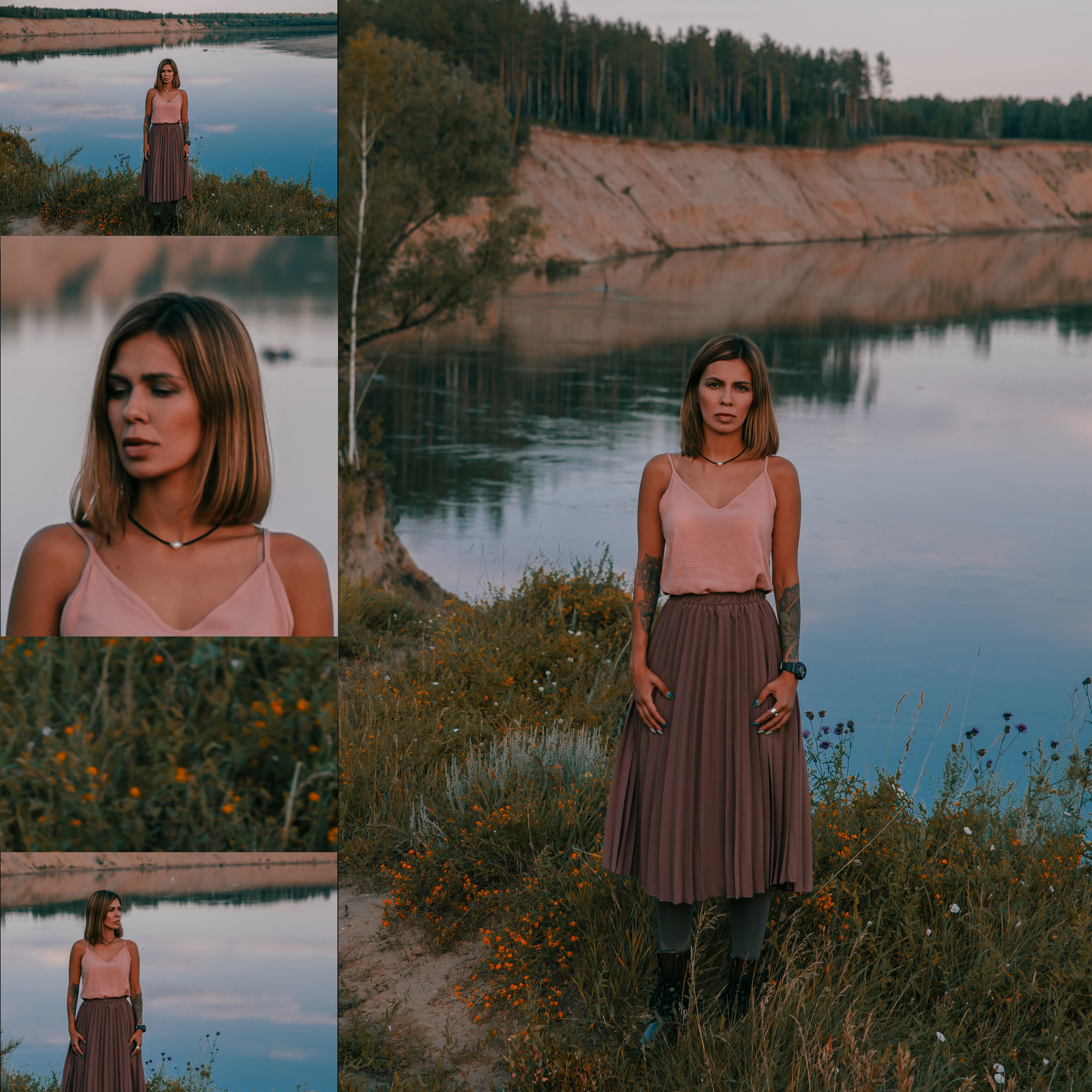 Одинокая девушка с каре в романтичной одежде стоит у обрыва и реки с отражающимся небом.