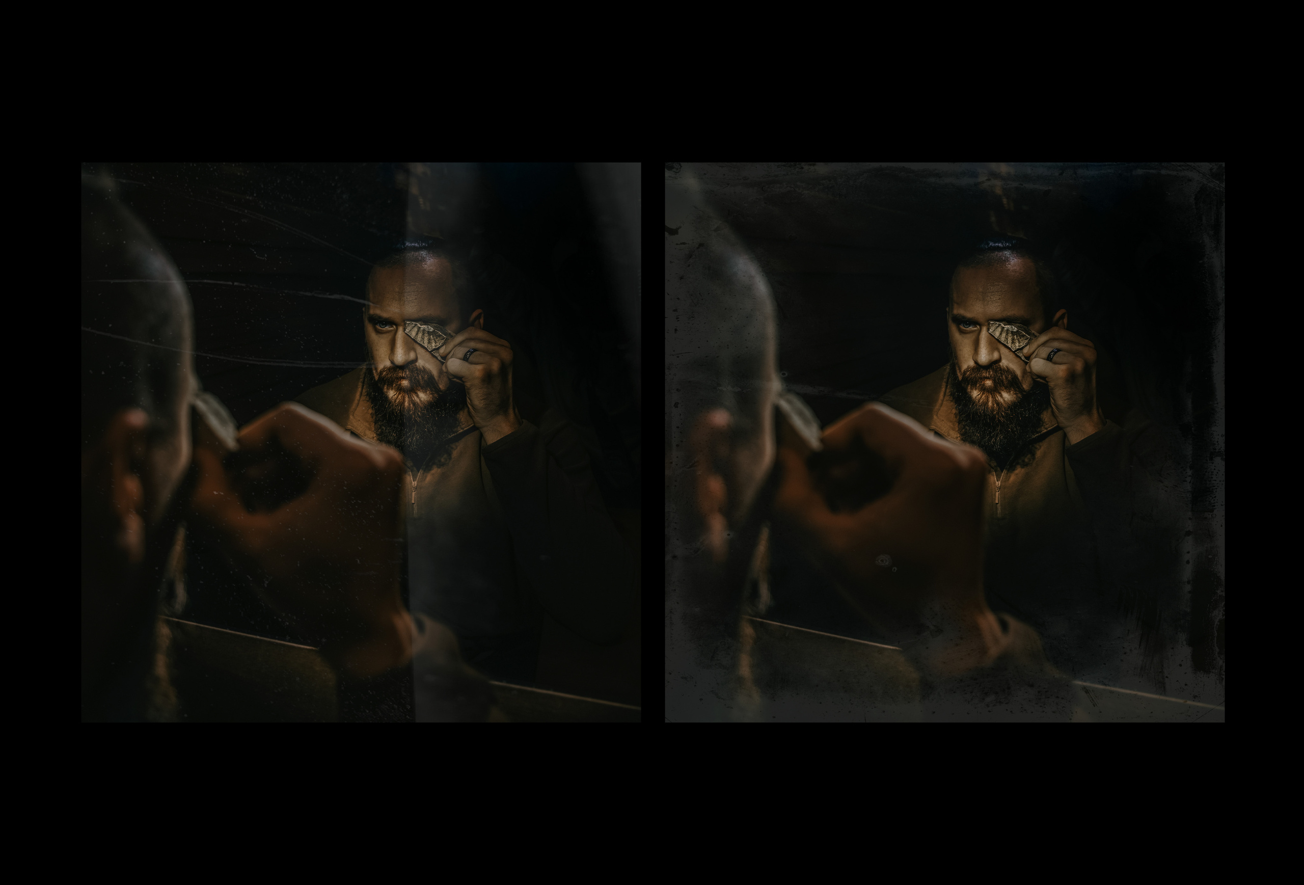 Мужчина с бородой и усами смотрит в зеркало и закрывает один глаз отпечатком аммонита.