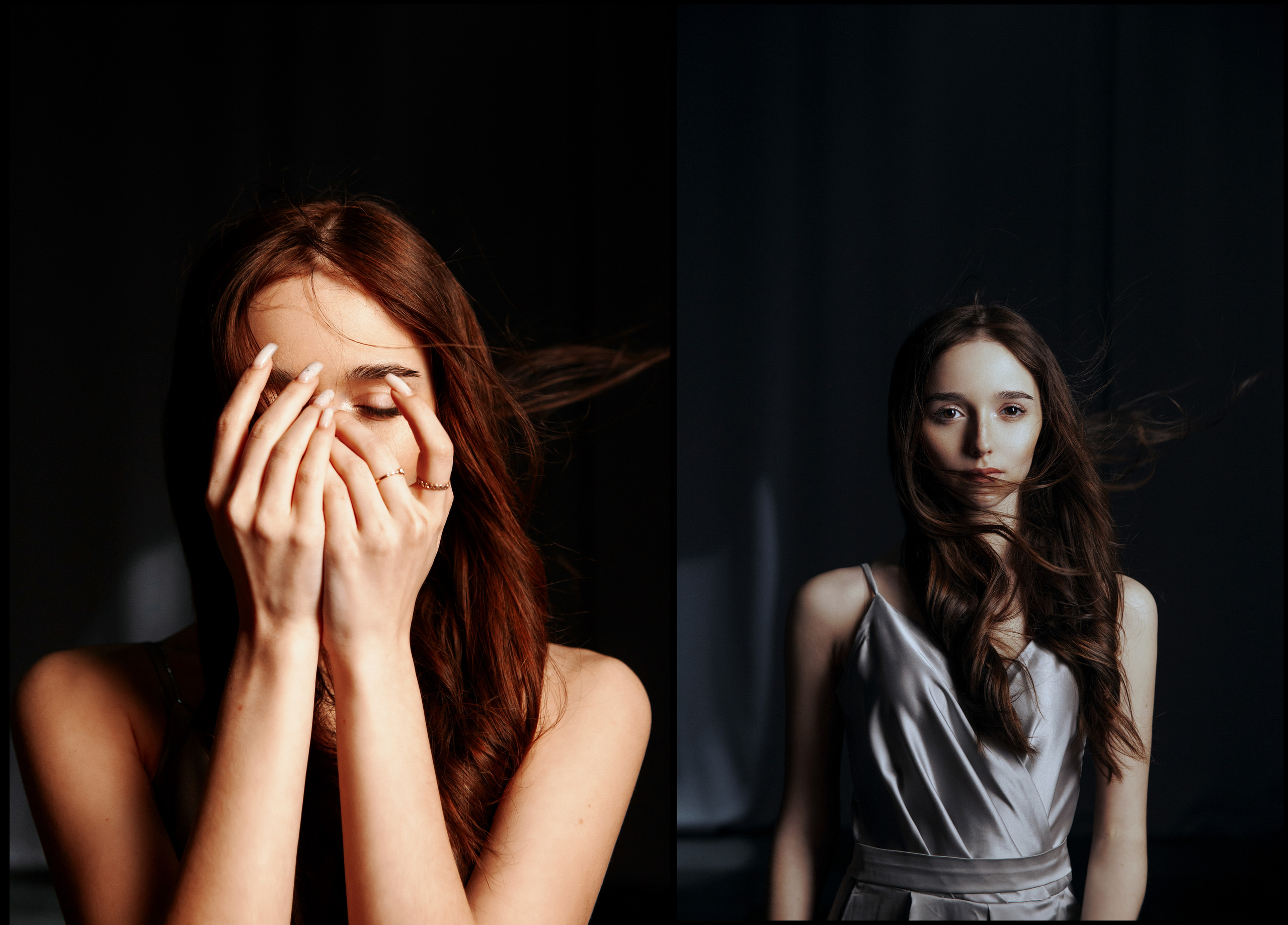 Рыжая девушка на ветру с развевающимися волосами закрывает лицо руками.