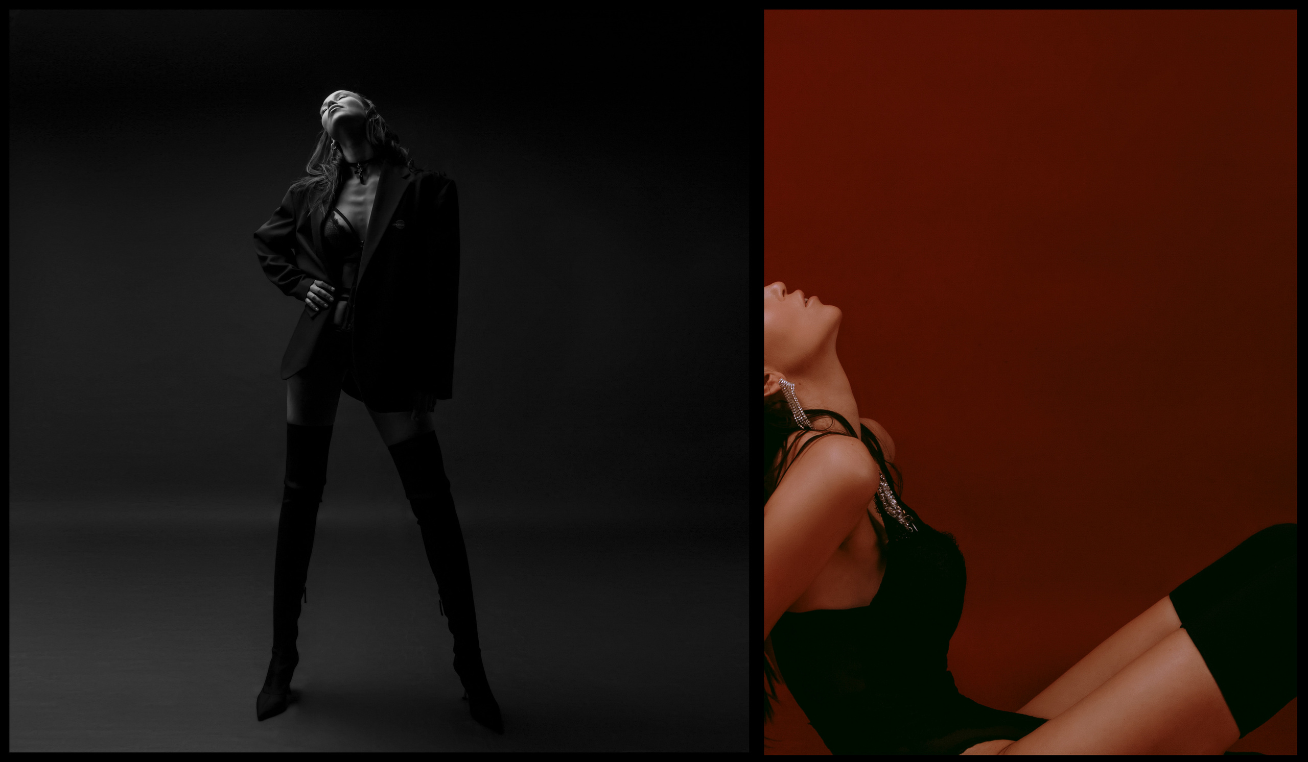 Будуарная фотосессия в низком ключе, девушка в черном пиджаке, боди и ботфортах на красном фоне.