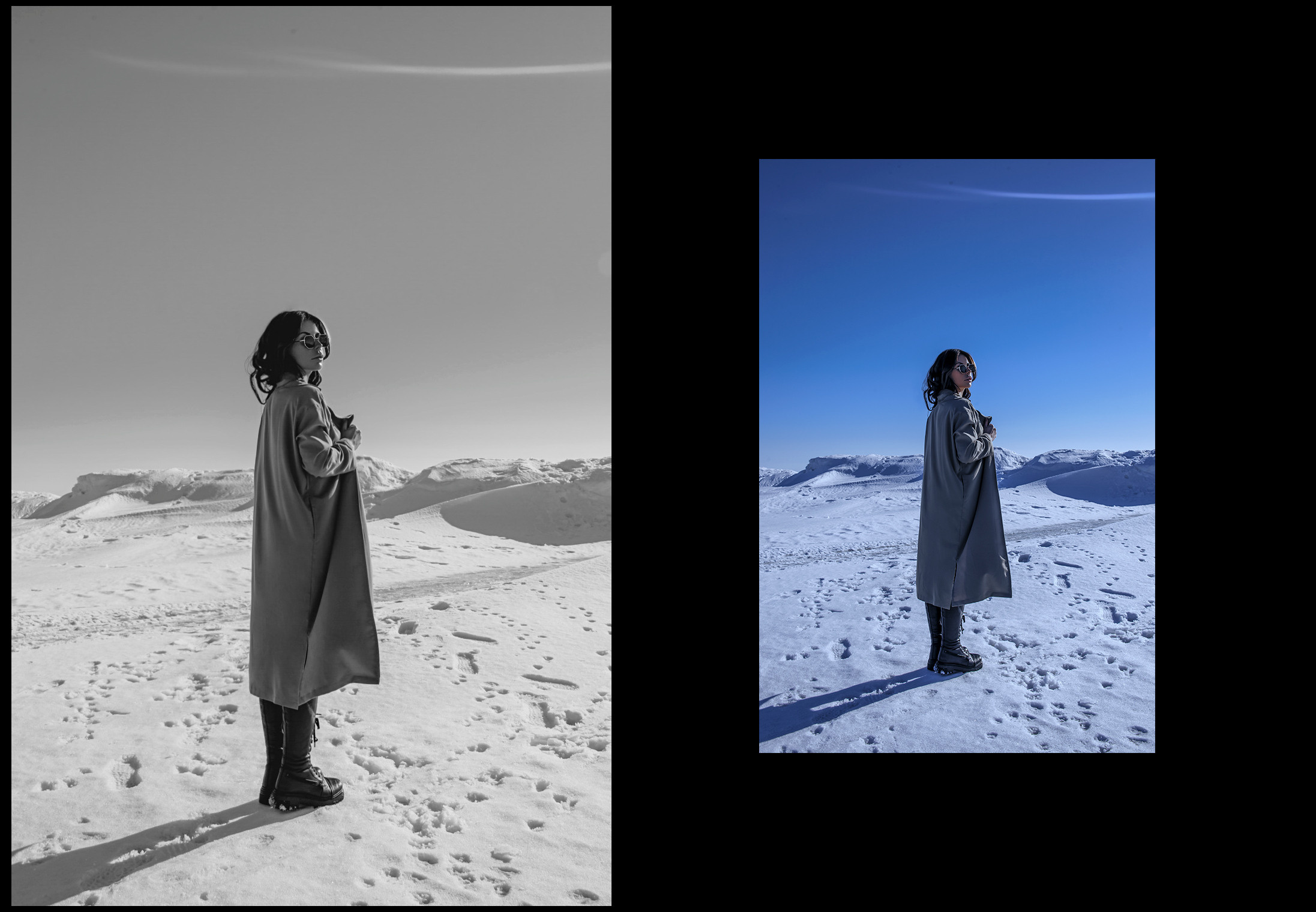 Девушка с темными волосами в плаще и солнцезащитных очках в снежном поле на замерзшей реке.