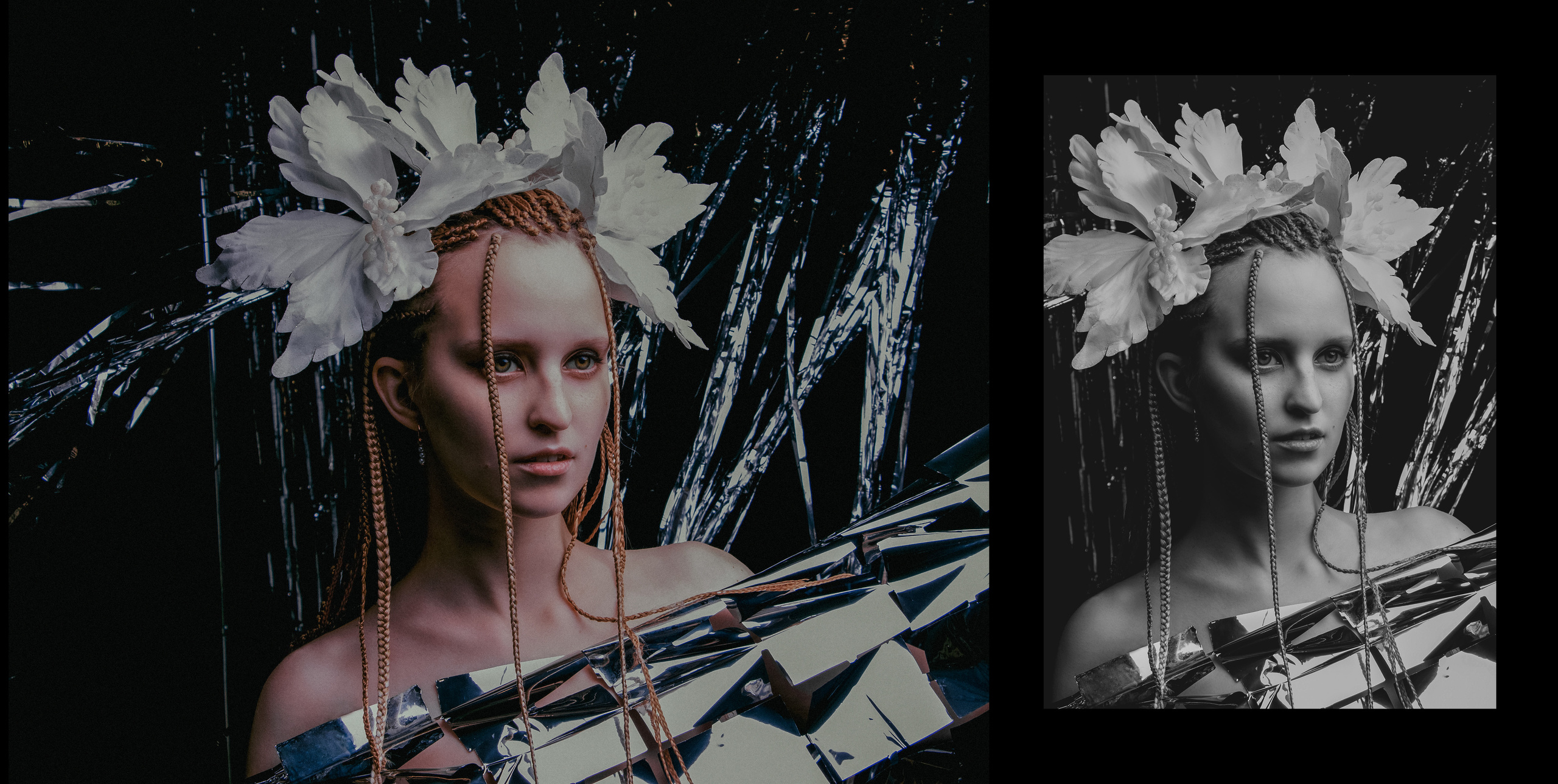 Новогодняя фотосессия девушки с креативной прической и белыми цветами в голове на фоне мишуры дождика.