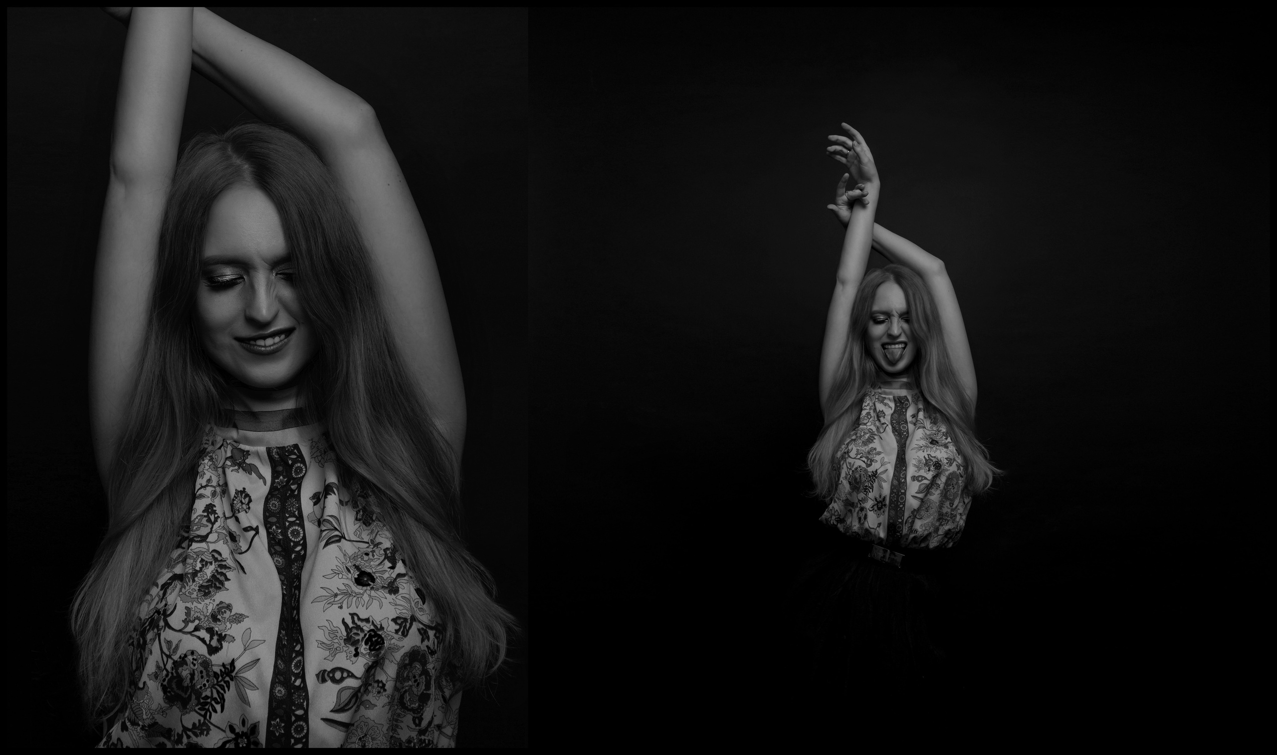 Нежные чб портреты ухмыляющейся девушки с улыбкой.