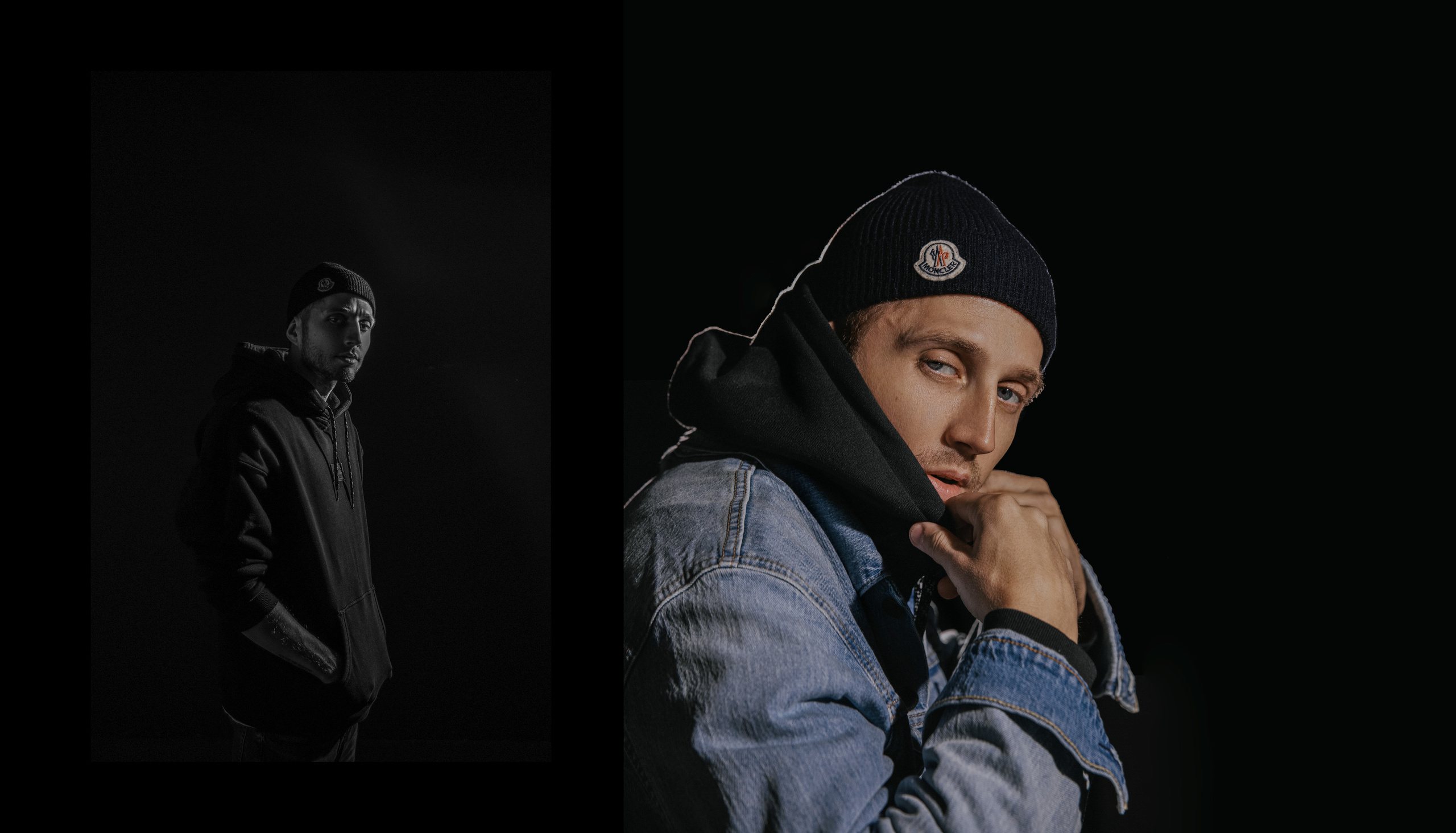 Студийный портрет парня в худи с капюшоном, шапке и голубой джинсовке.