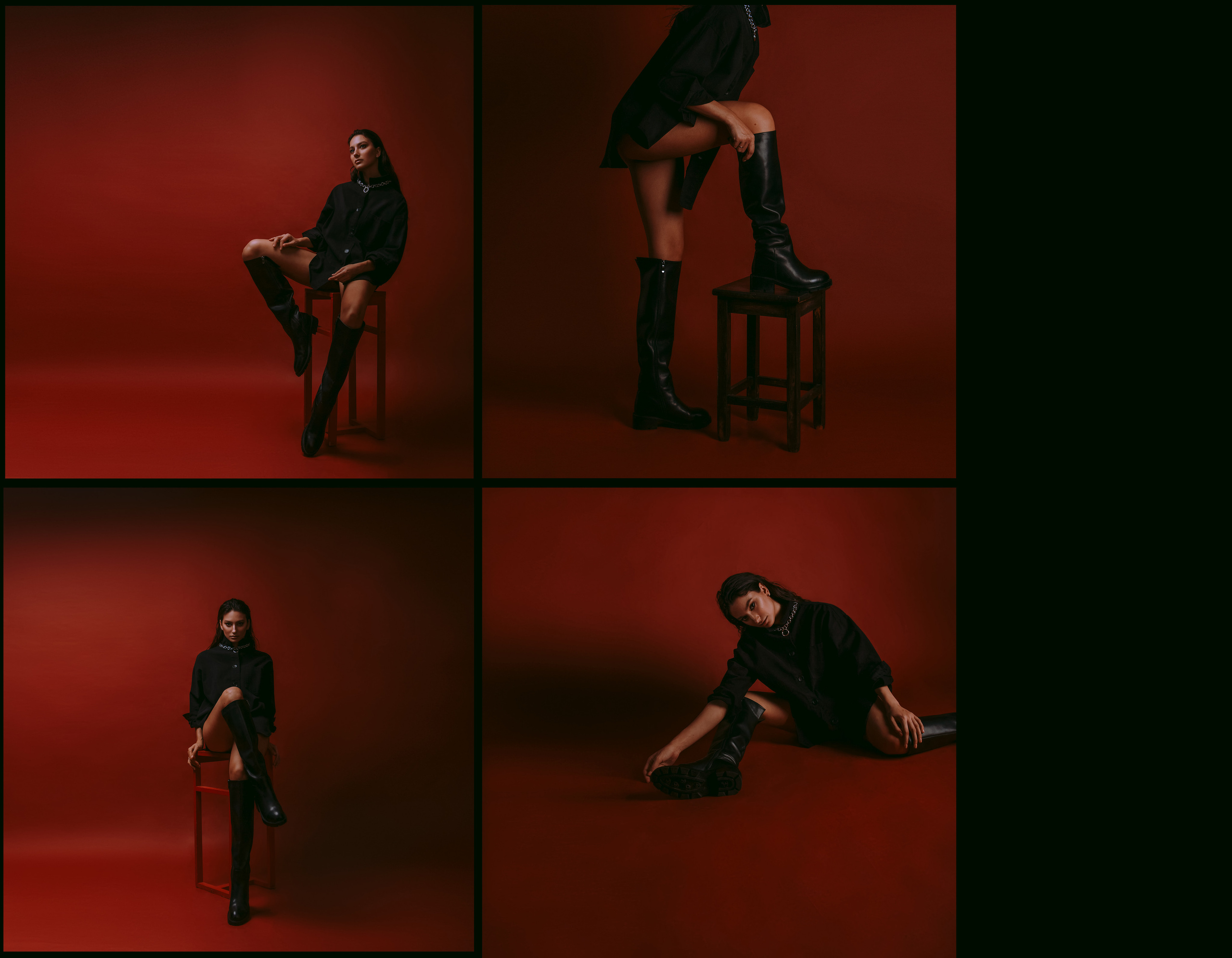 Девушка с длинными загорелыми ногами в черной рубашке и большой цепью на шее на красном фоне.