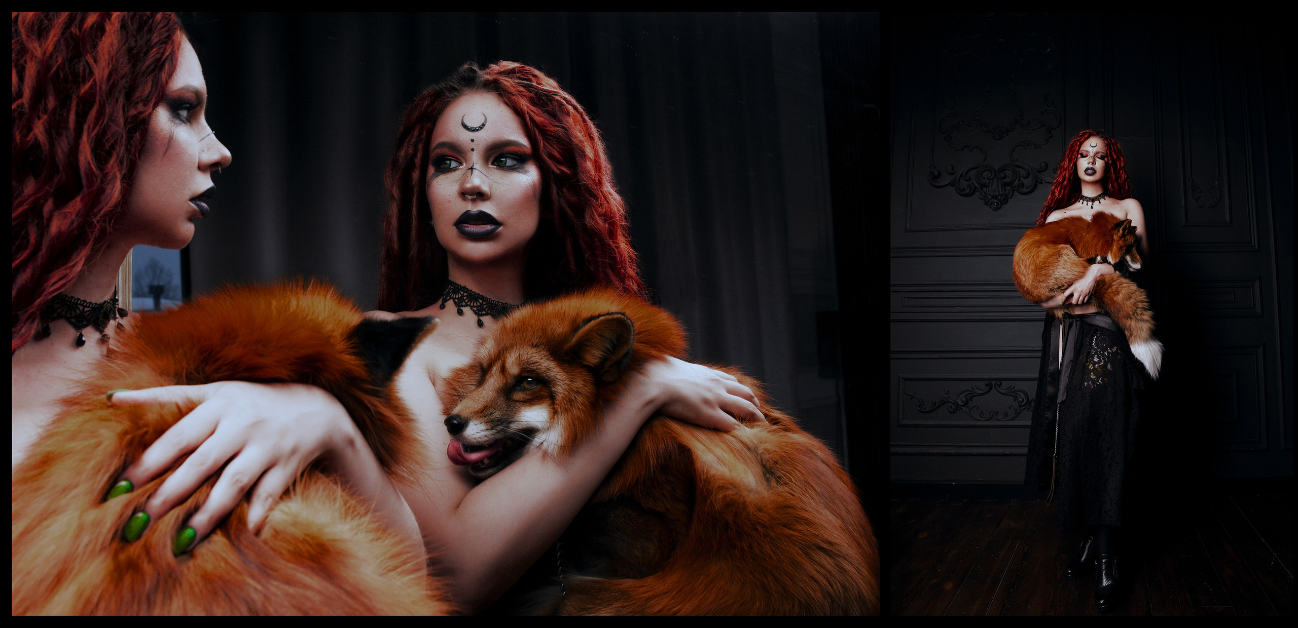 Рыжеволосая кудрявая девушка с креативным макияжем держит на руках лису и смотрит в зеркало.