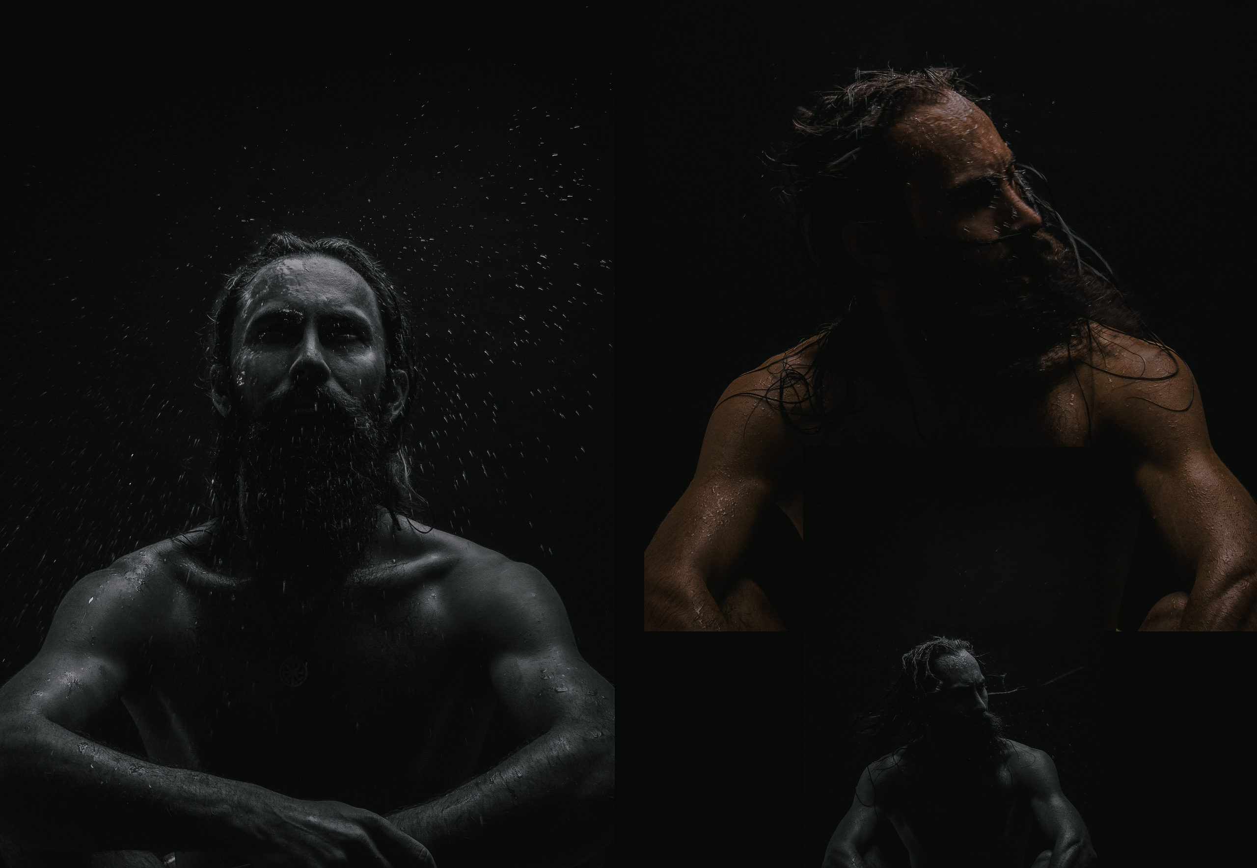 Бородатый мускулистый мужчина йог в пещере.