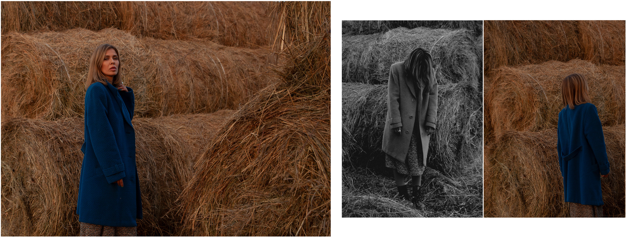 Девушка в синем пальто на фоне стогов сена.