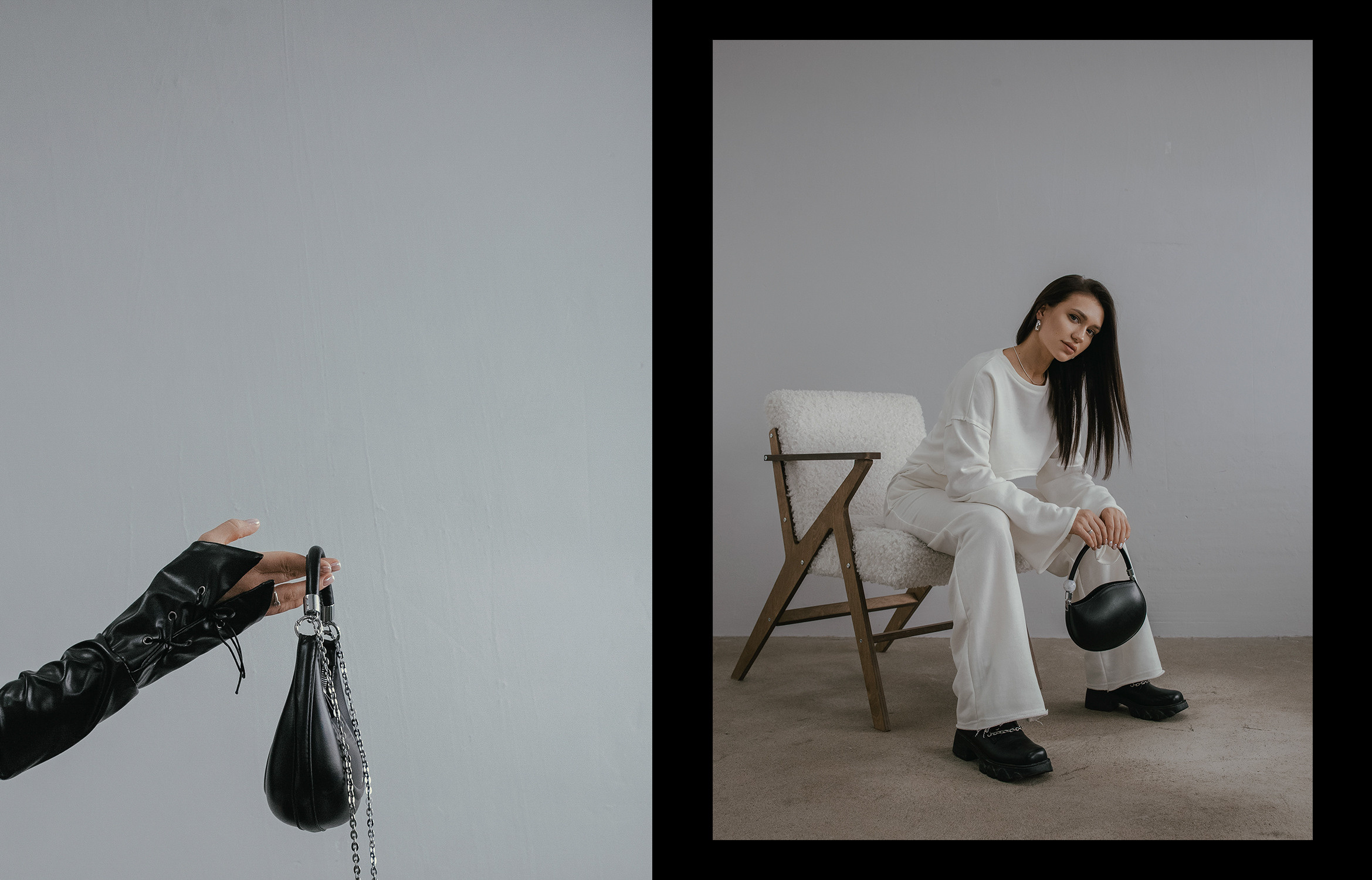 Девушка в белом костюме сидит на белом кресле в белой комнате, портрет в стиле минимализм.