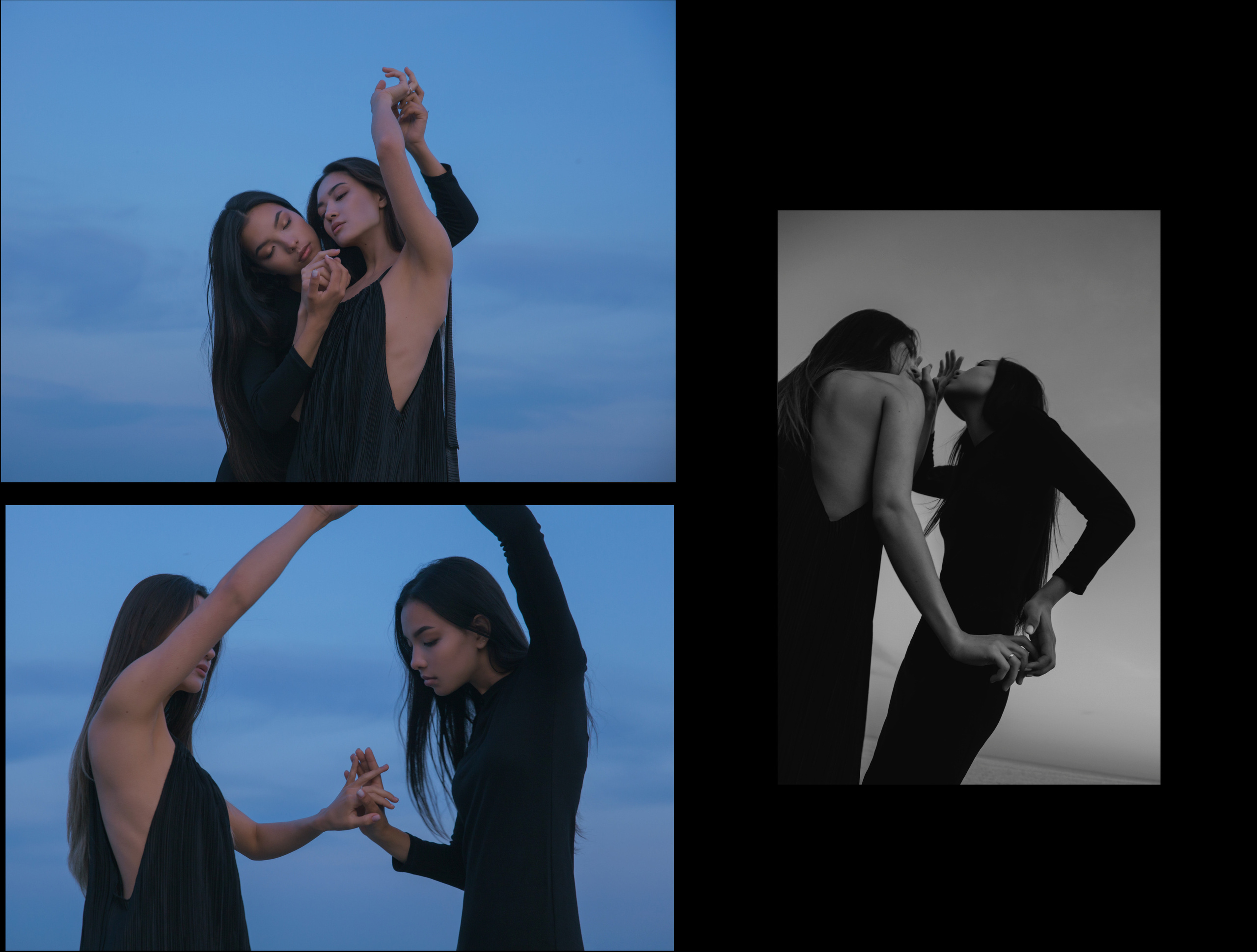 Две девушки азиатской внешности танцуют с поднятыми руками  на берегу в черных платьях.