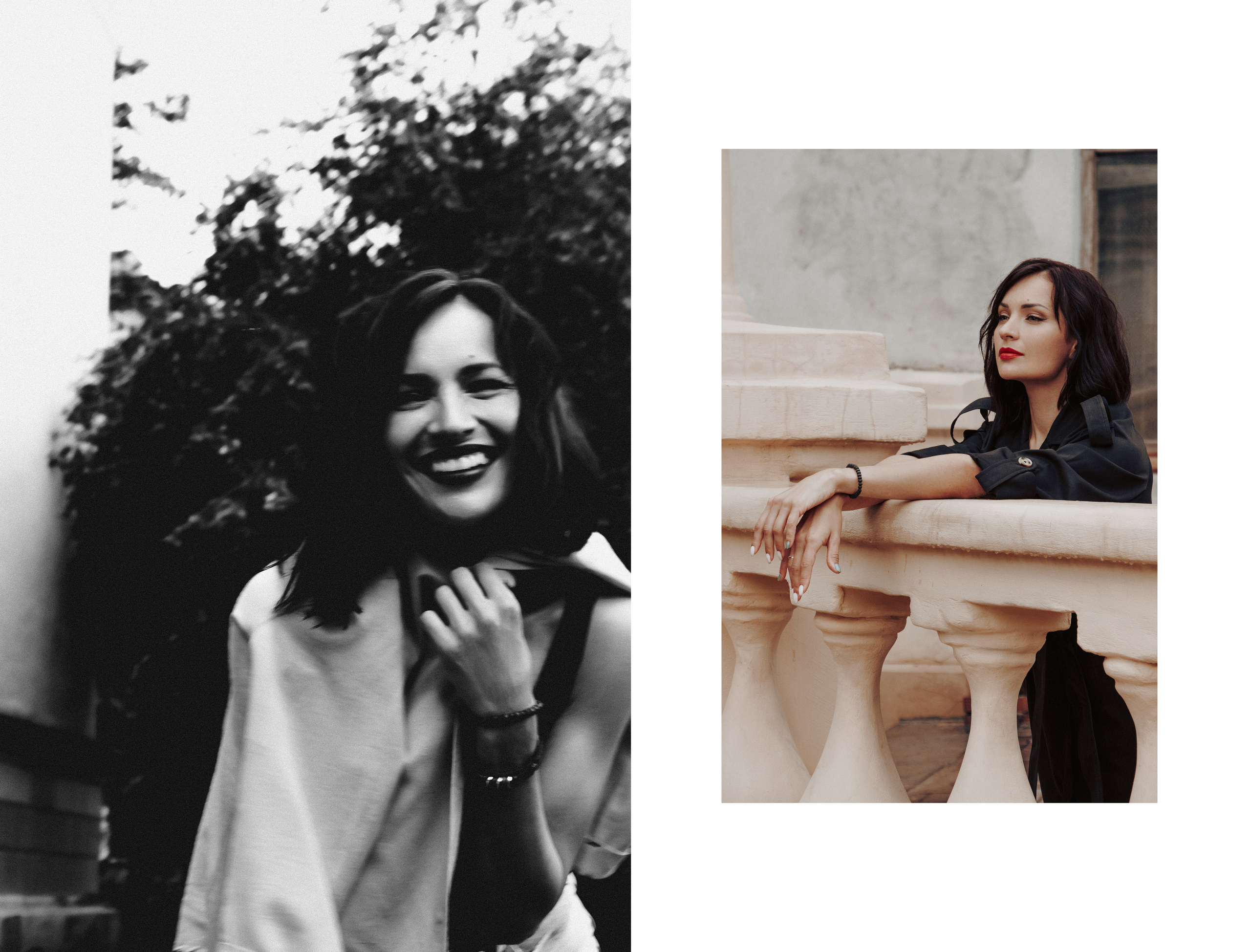 Черно-белый портрет смеющейся девушки на фоне деревьев, задумчивая девушка на фоне старинного здания.