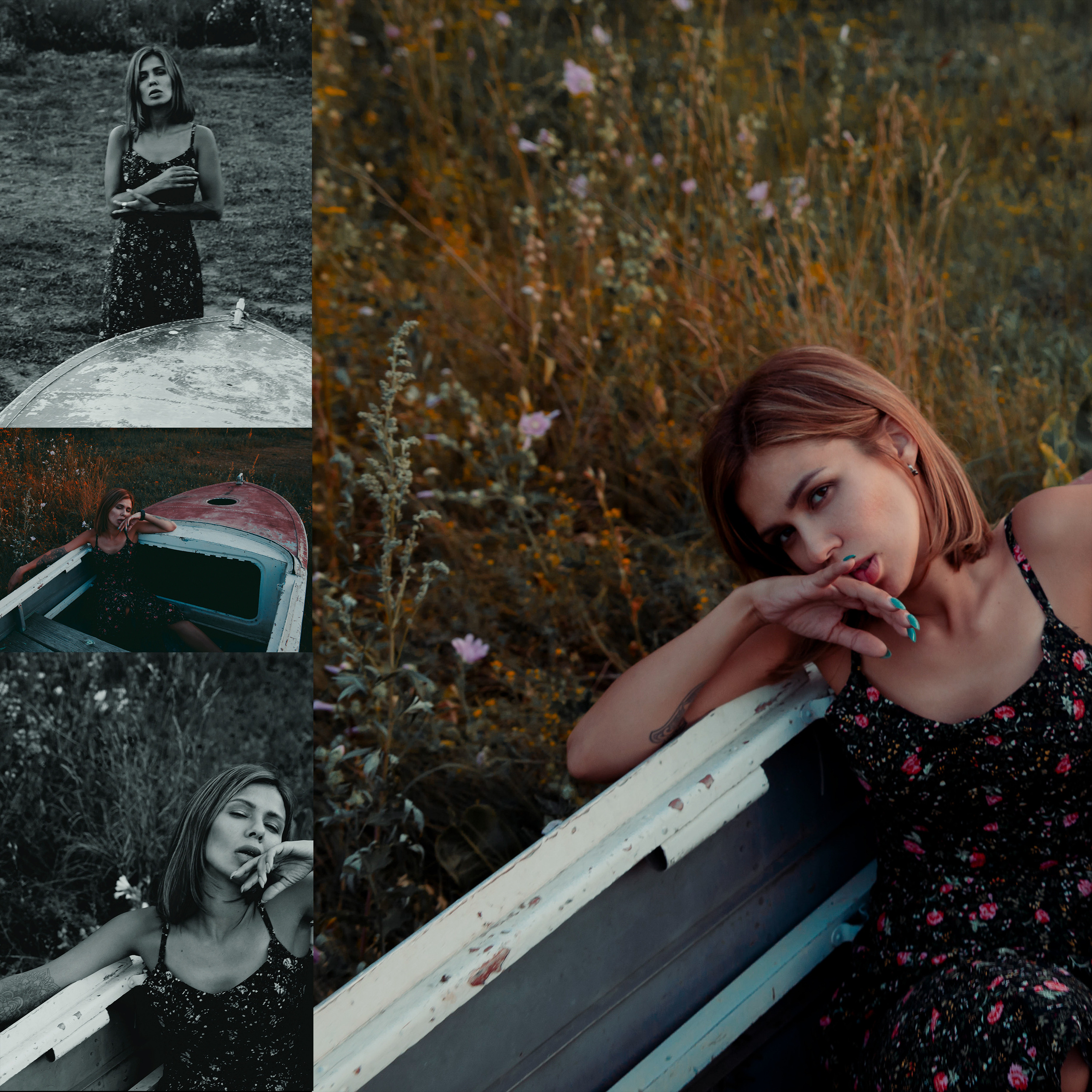 Девушка в романтичном платье в цветочек в лодке.