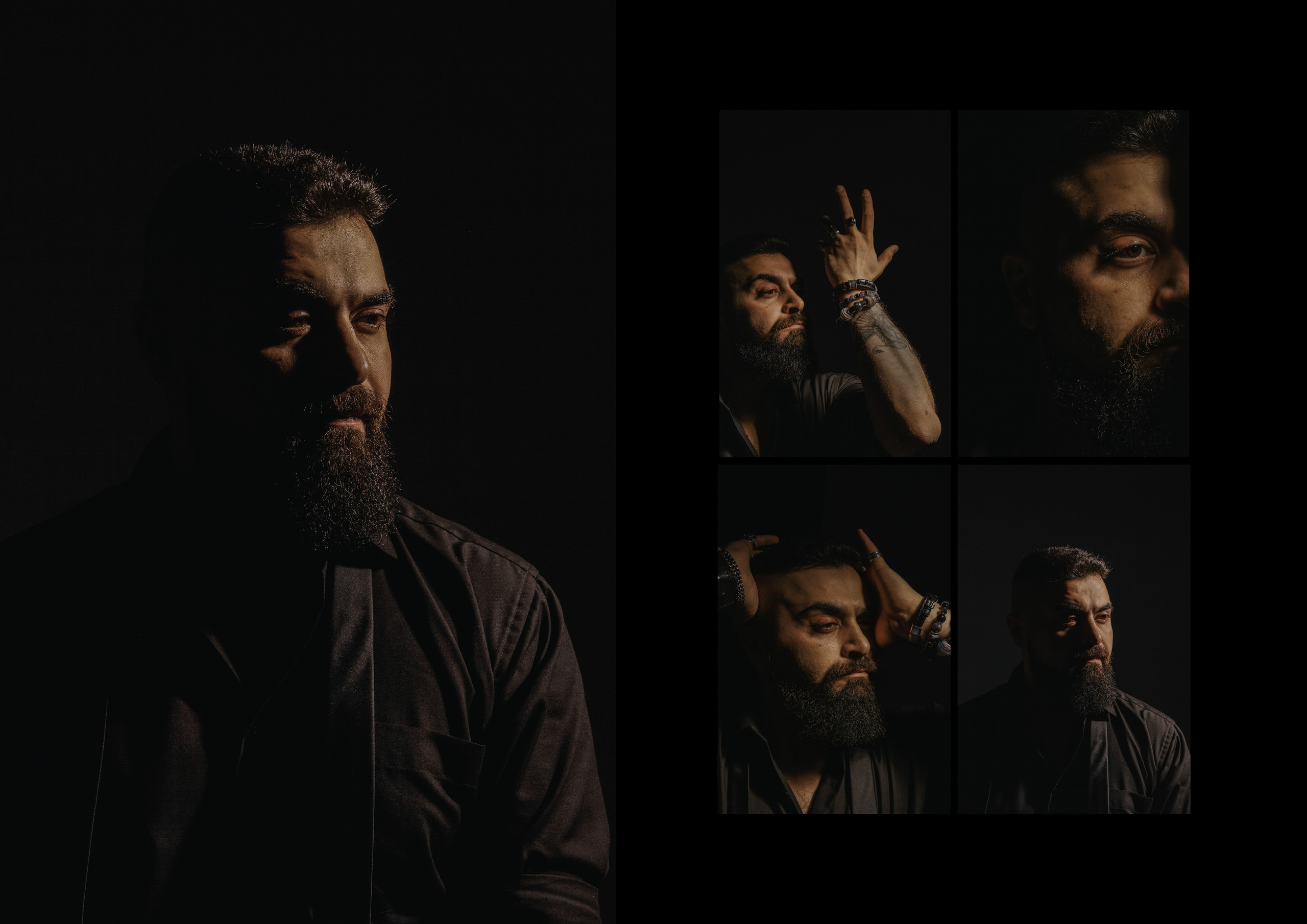 Восточный мужчина армянин с черной бородой, усами и массивными перстнями на пальцах в низком ключе.