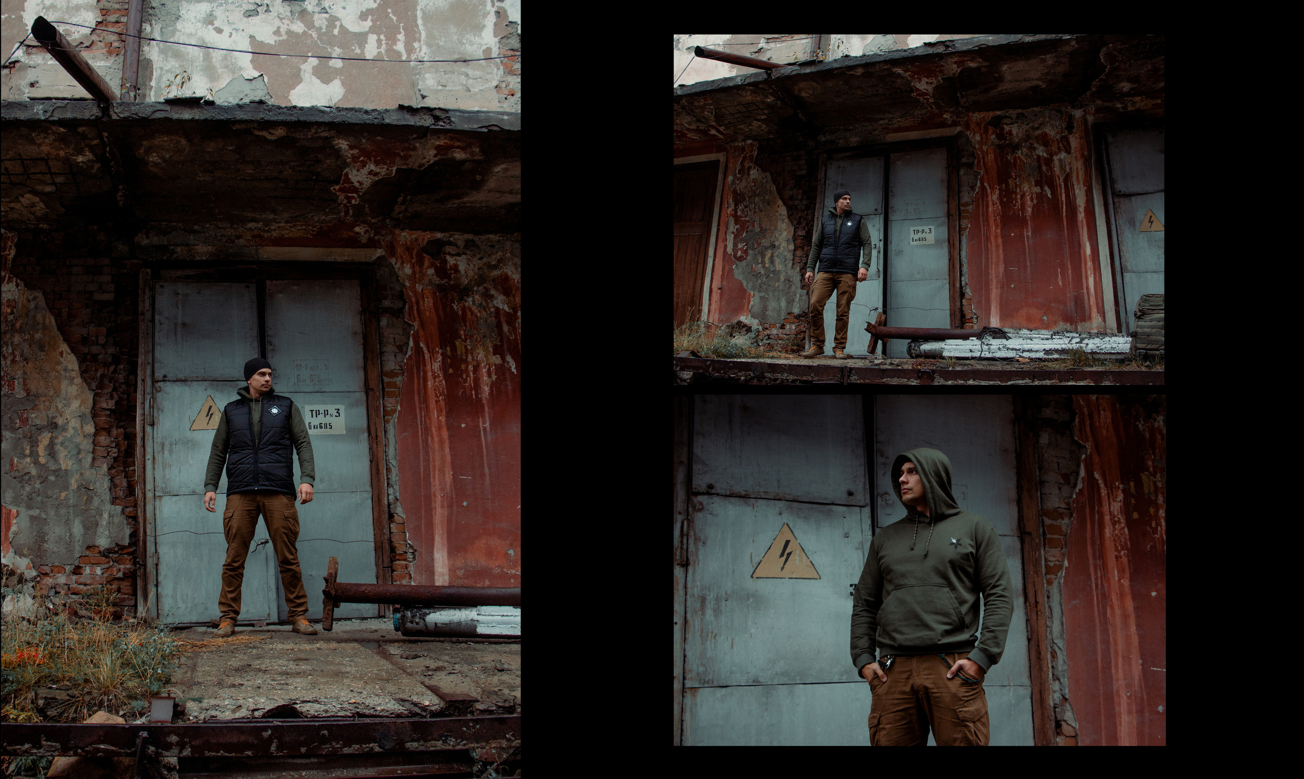 Мужчина на фоне гаражей в индустриальном стиле в одежде Леший-онлайн.