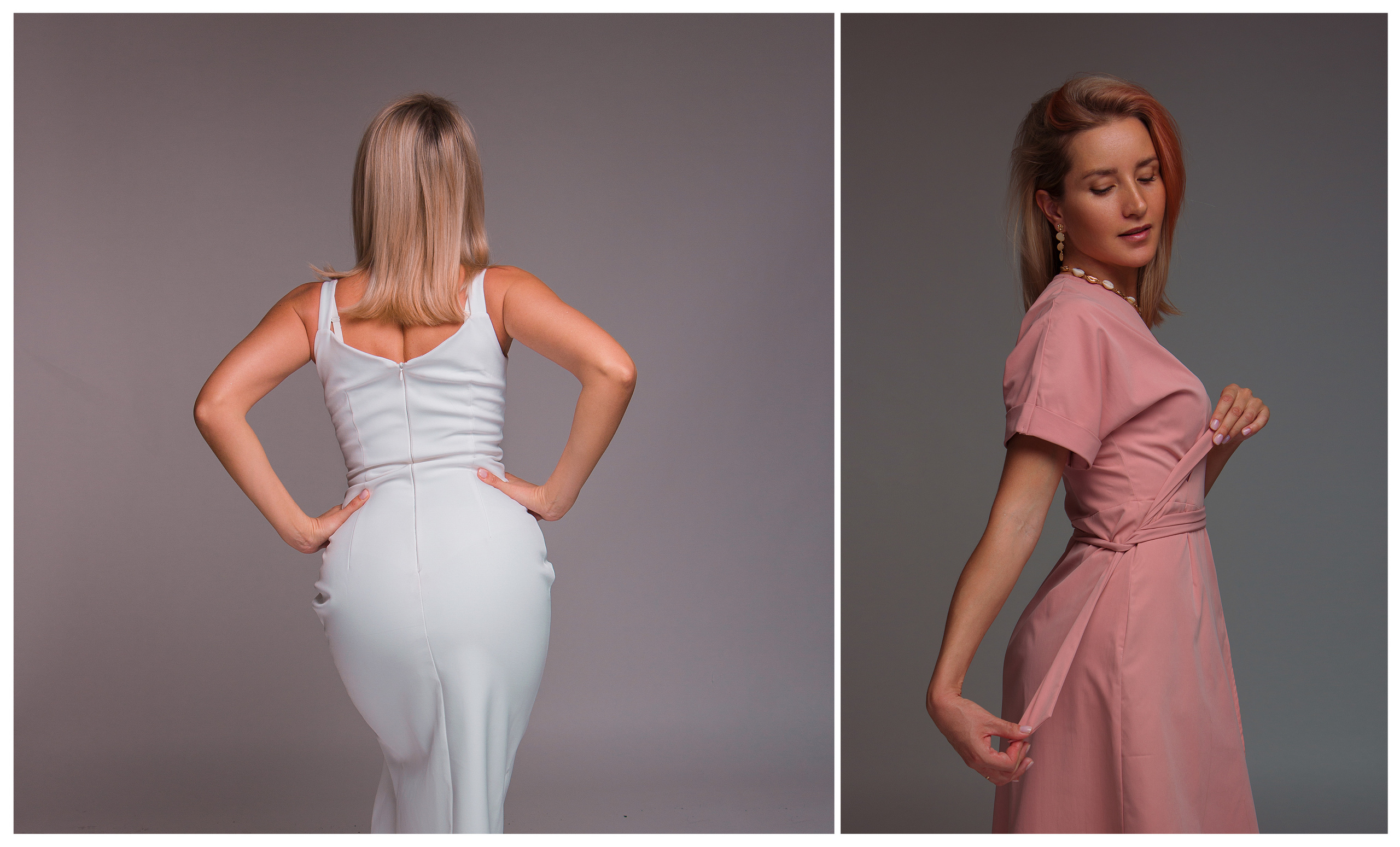 Девушка со светлыми волосами и фигурой песочные часы в белом обтягивающем платье стоит спиной, девушка в розовом платье с поясом.